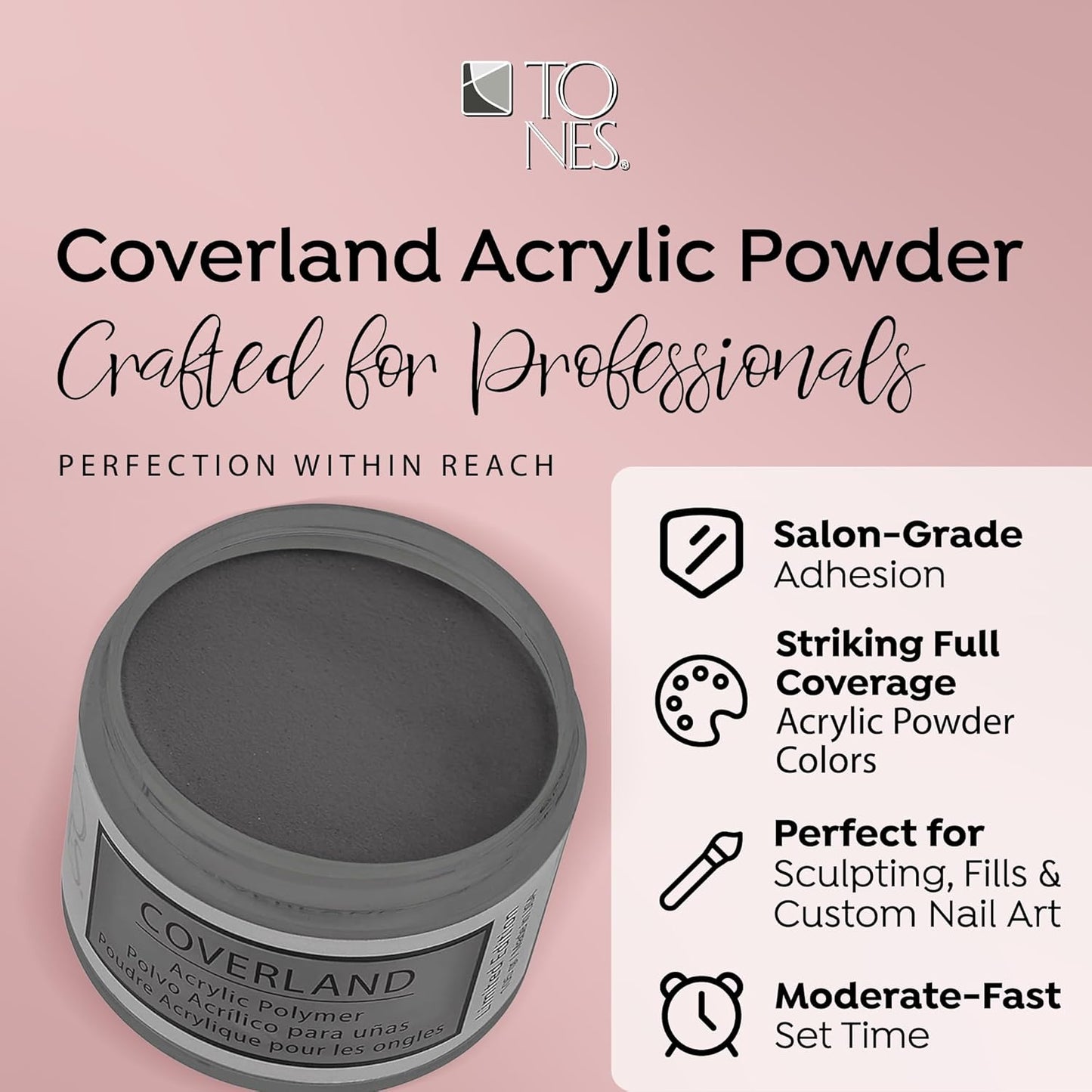Tones Coverland Acrylic Powder | Pure Black | 1.5 Oz | Limited Edition for Nail Design | Sculpting | Masking Bed Imperfections | Professional Supplies