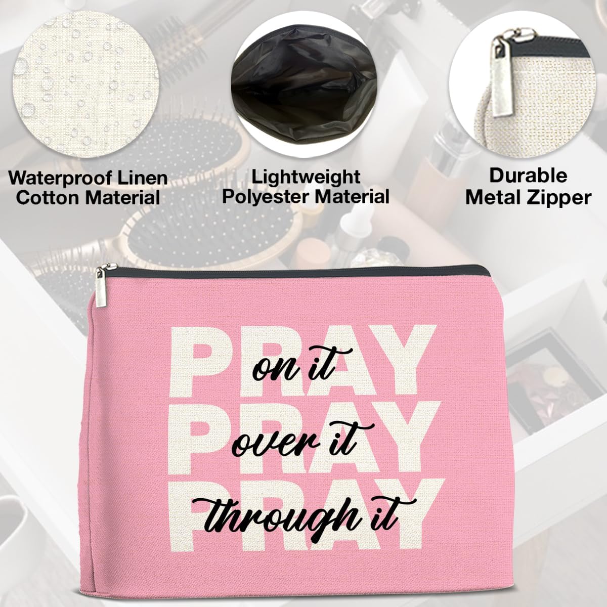 Inspirational Pray On It Pray Over It Makeup Bag Gifts for Women Christian Religious Pink Cosmetic Bag Zipper Pouch Travel