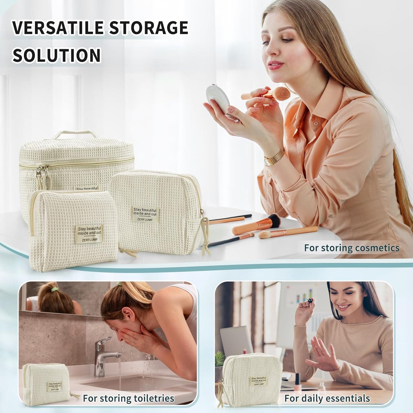 Cute Quilted Floral Makeup Bag(3Pcs)，Coquette Aesthetic Cosmetic Bag，Travel Toiletry Bags， Kawaii Aesthetic pouch for Women (91 - Beige)