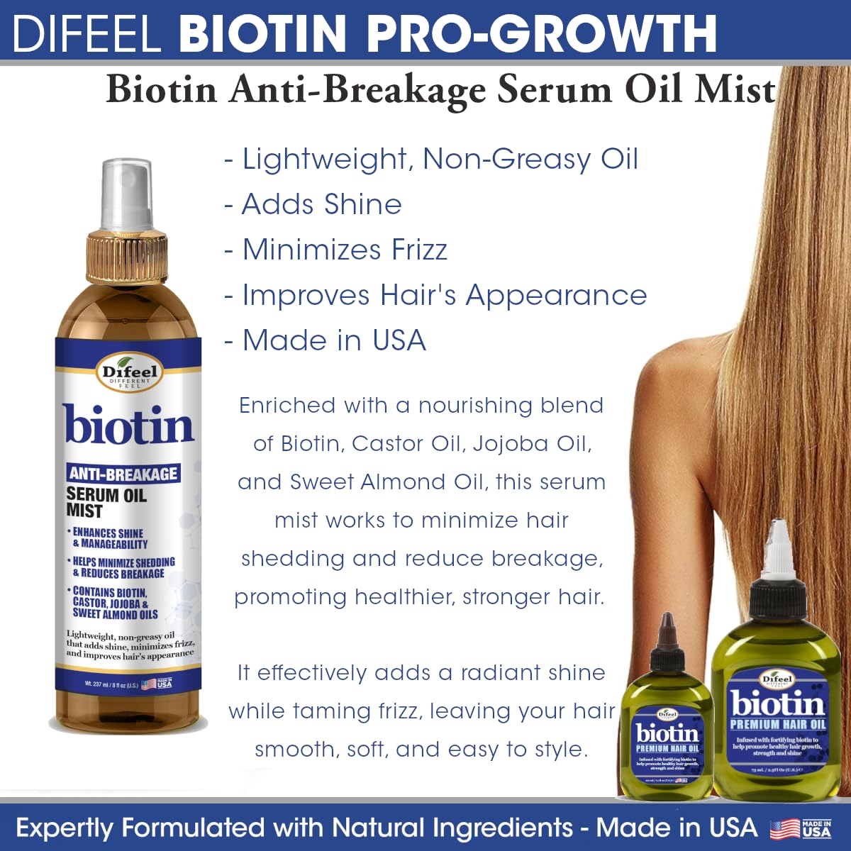 Difeel Biotin Anti-Breakage Serum Oil Mist 8 oz. - Nourishing Anti-Frizz Serum, Lighweight Hair Oil Mist for Frizz and Hair Breakage, Improves Shine