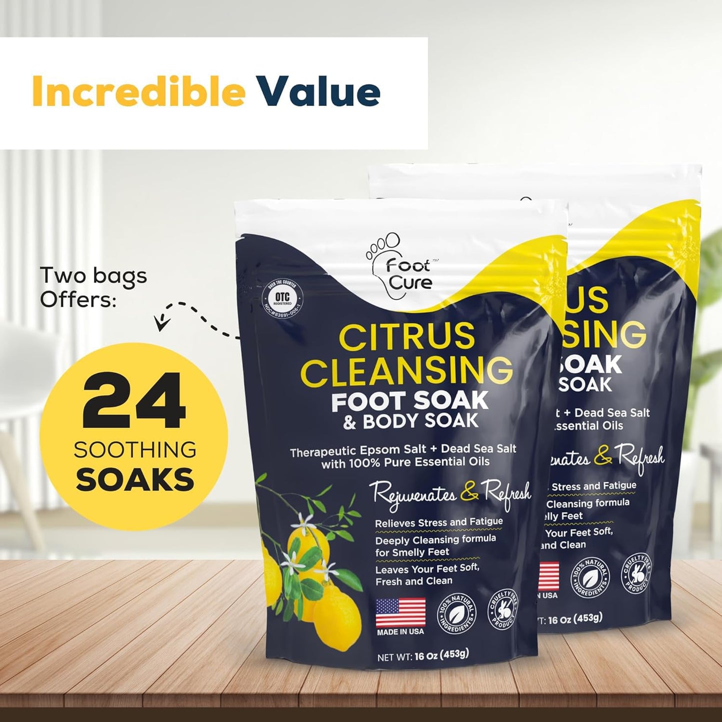 Citrus Detox Foot Soak With Epsom Salts - for Foot Callus, Immune Boost, Damaged Toenail, Athletes Foot, Pedicure and Soothes Tired Aching Feet - Made in USA 16 oz (Pack of 2)