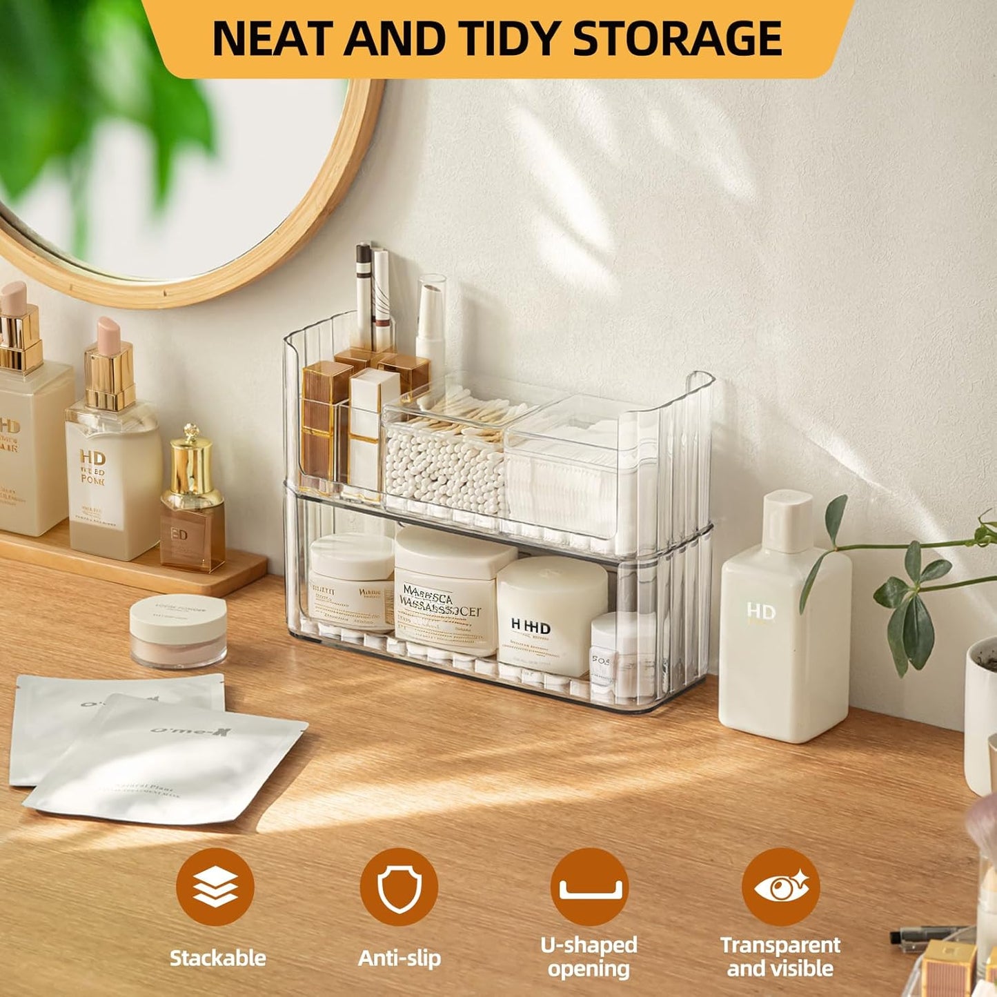 2-Tier Stackable Medicine Cabinet Organizer, Narrow Bathroom Makeup Organizer with Lipstick Holders & Cotton Swab Cases, Clear Countertop Shelf for Mirror Cabinet and Vanity