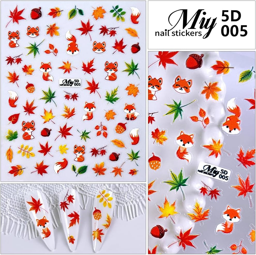 Fall Nail Art Stickers - 5D Miniature Sculpture Fall Pumpkin Nail Decals - 2PCS Manicure Maple Leaves Squirrel Mushroom Nail Art Supplies Autumn Acrylic Nail Art Decoration for Women