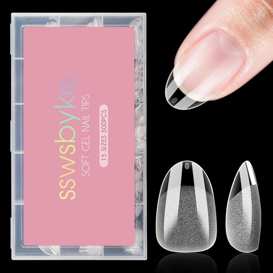 Short Almond Nail Tips, SSWSBYKE 300pcs 15 Sizes Gel Acrylic Nail Tips for Full Cover Pre-Shaped Fake Nails Tips Half Matte Press On Nails for Extension Home DIY Salon