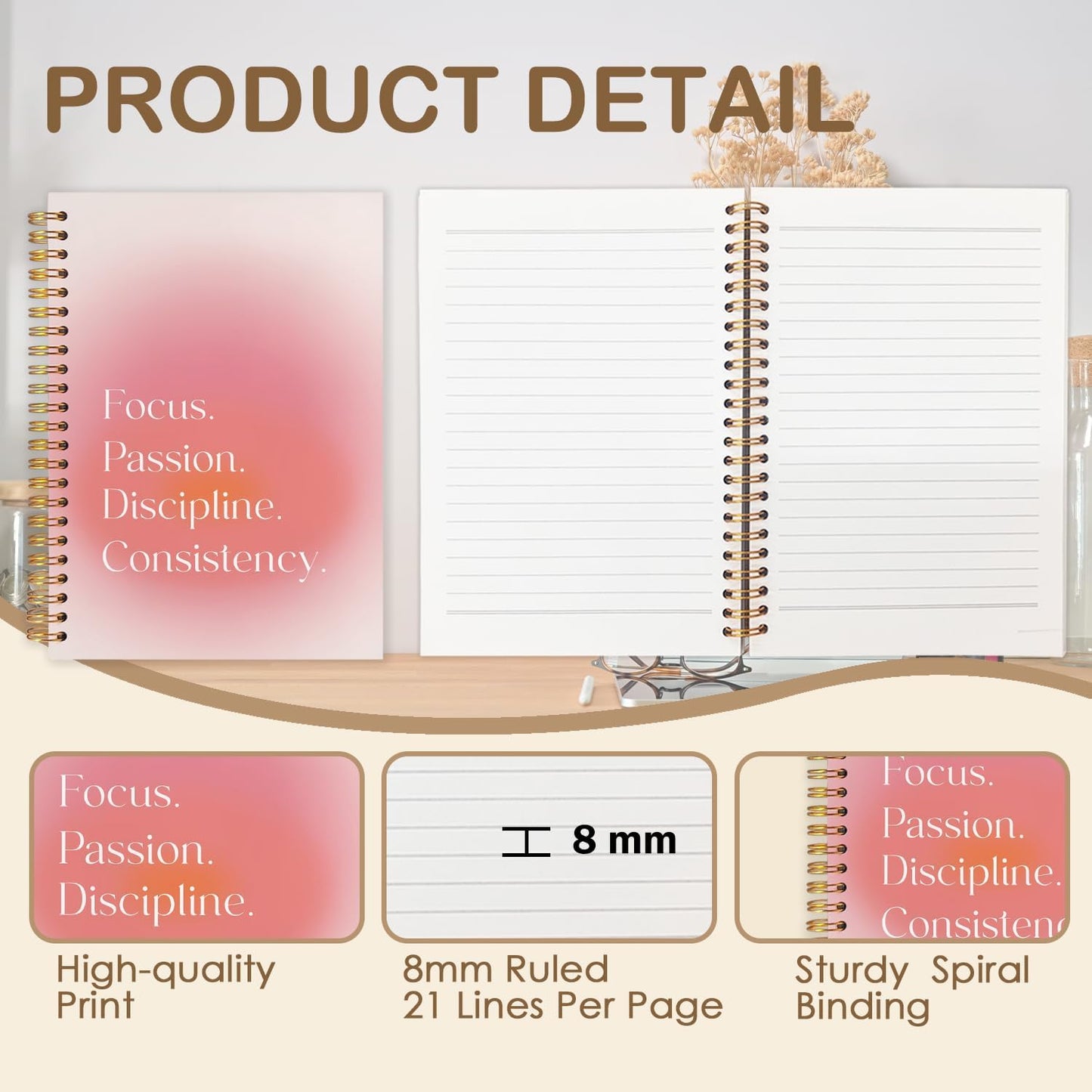 Pink Aura Inspirational Spiral Journal Notebook 5.5x8.3in, Motivational Journal for Women, Focus Passion Discipline Consistency Notebooks for Note Taking, Pink Aesthetic Hardcover Notebook