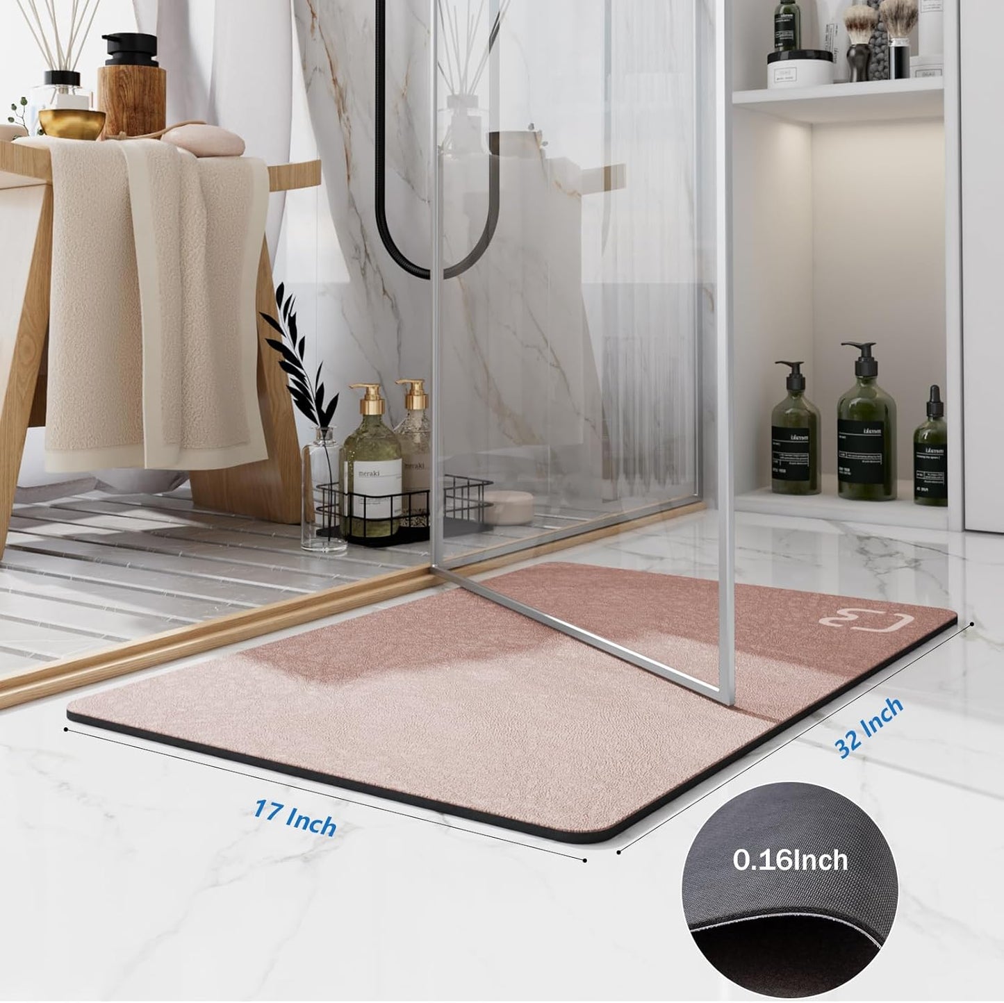 Diatomaceous Earth Bath Mat Rugs Quick Dry Super Absorbent Non Slip Rubber BottomThin Bathroom Mat Fit Under Door, Floor Rugs in Front of Bathtub,Shower Room,Sink,Washable, 17" x 32", Blush Pink