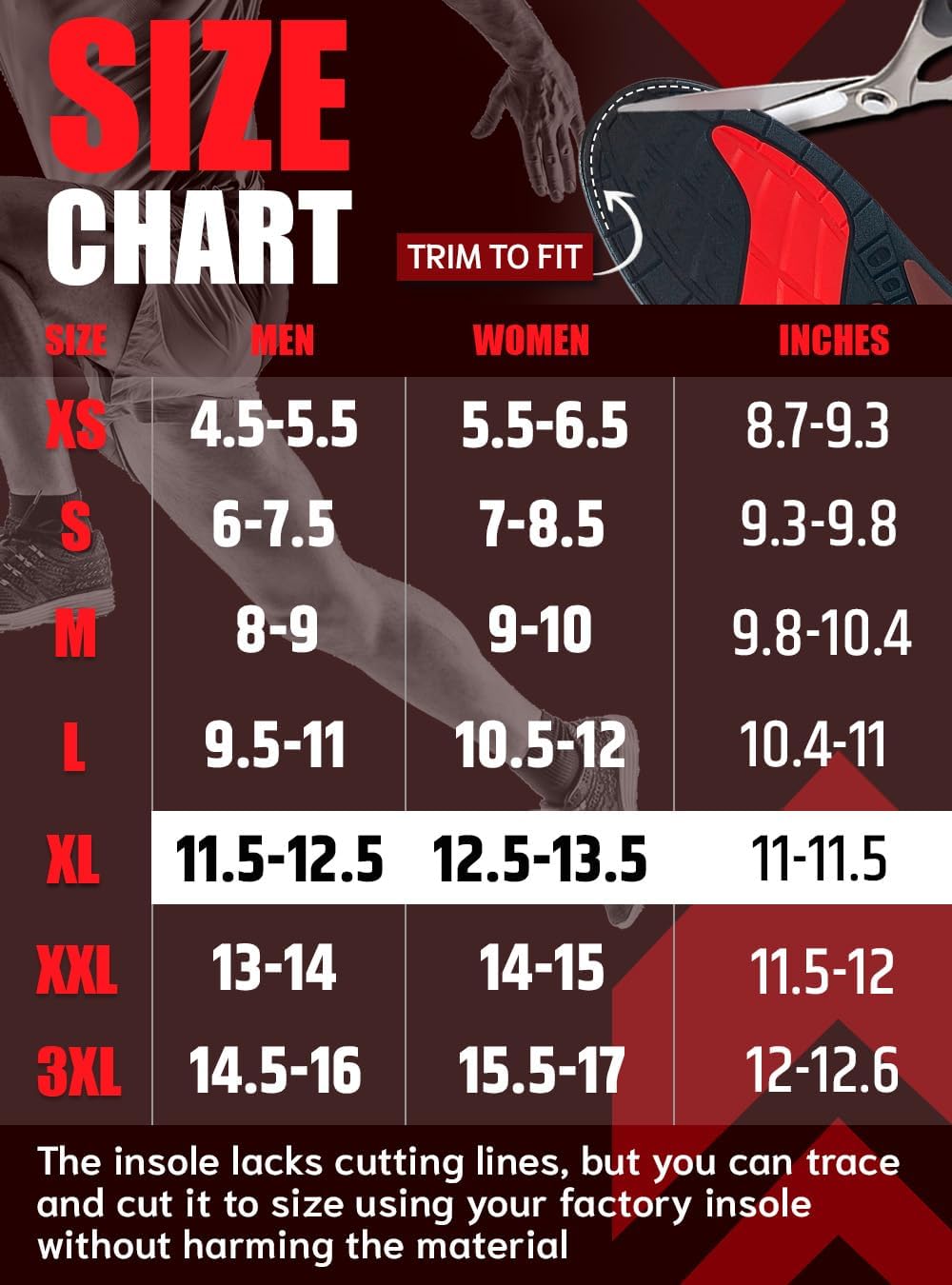 Flex Fit Sport Insoles - Medium Arch Support Inserts - Running Insoles for Sneackers - Shoe Inserts for Men and Women (Red, XL)