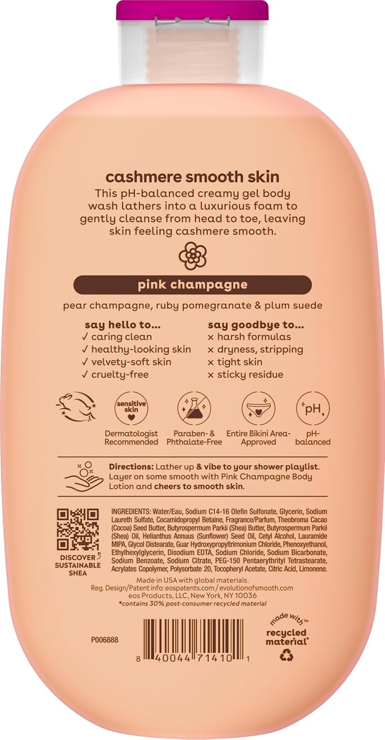 eos Shea Better Cashmere Body Wash, Pink Champagne, Moisturizing and Nourishing, pH Balanced Creamy Gel Formula, Paraben & Phthalate Free, Sensitive Skin,16 fl oz