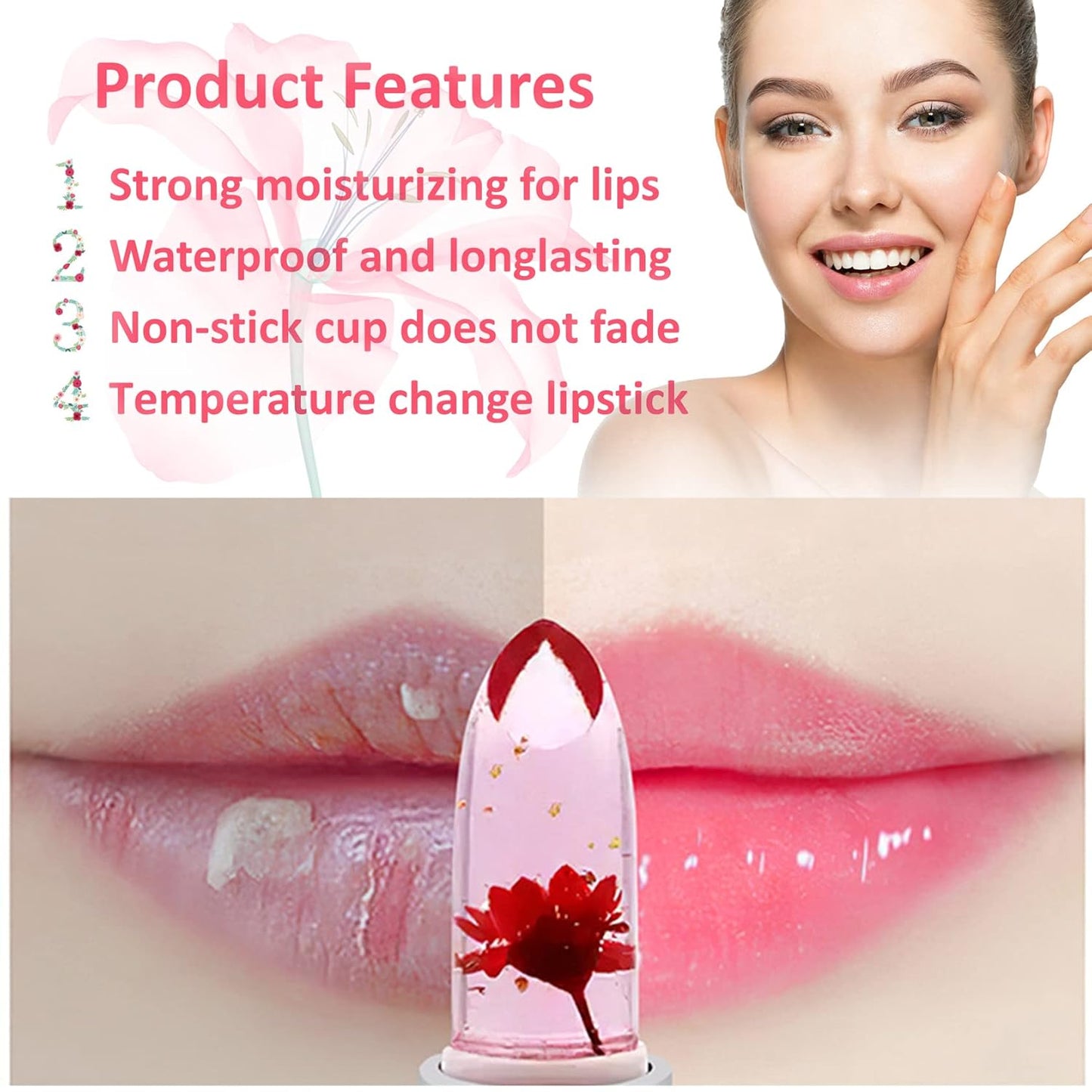 6 Pack Crystal Flower Jelly Lipstick,Magic Color Changing Lipstick,PH Clear Temperature Color Changing Lip Gloss,Lip Balm,Long Lasting Nourishing Moisturizing Lip Stick Set