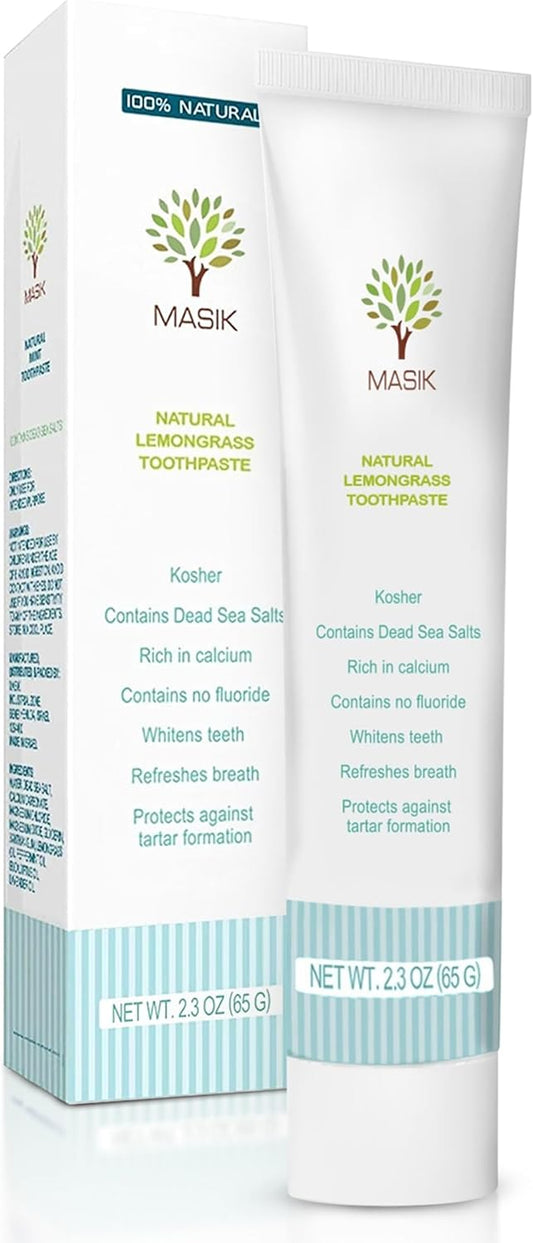 Masik Natural Lemon Grass Toothpaste – Whitening & Sensitive Teeth | Dead Sea Salt | Stain & Plaque Remover | Bleeding Gums & Canker Sore Care | Fluoride & SLS-Free | Non-Foaming | Made in Israel