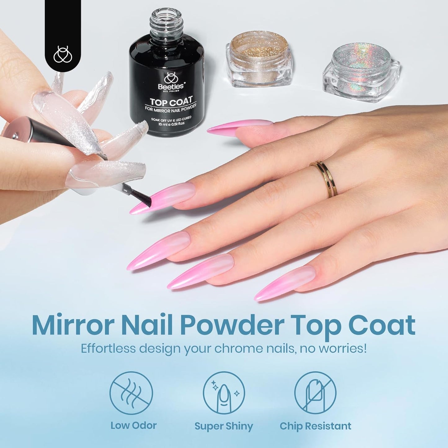 Beetles Halloween Gel Top Coat for Chrome Nail Powder: 15ml Mirror Shiny Chrome No Wipe Gloss Top coat Long Lasting Soak Off Nail Lamp for Nail Art Creation