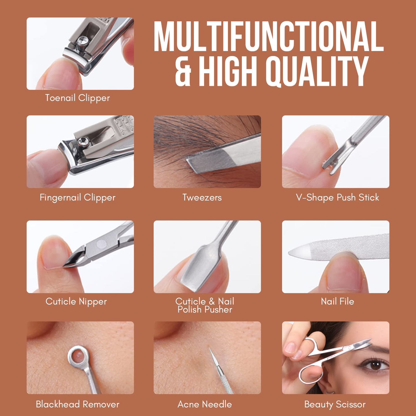 FAMILIFE Manicure Set, Nail Clippers Pedicure Tool, 8 pcs Stainless Steel Manicure Kit Professional Grooming Tool, Nail Kit with Portable Brown Leather Travel Case Luxury Gifts for Men