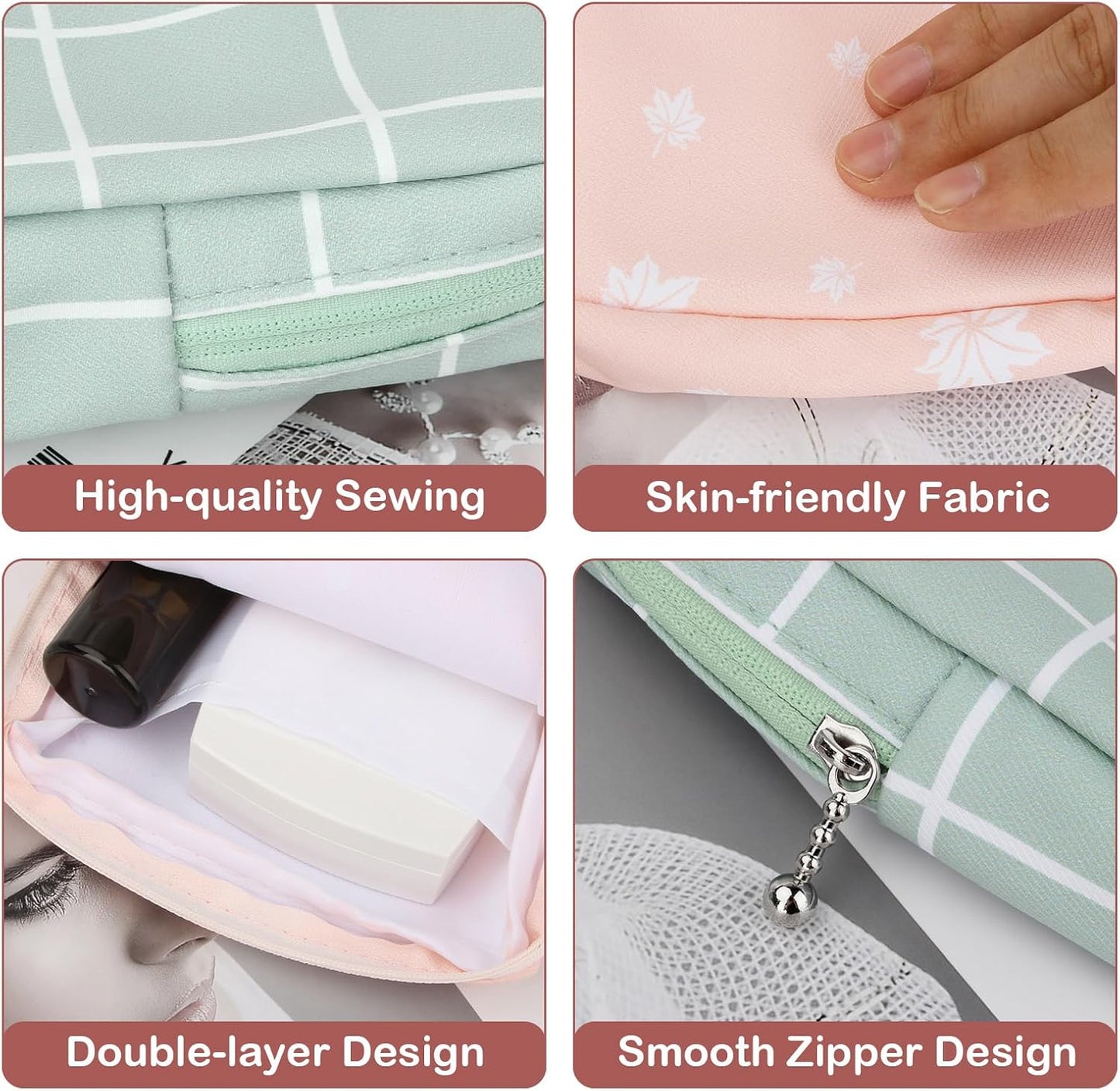 Desing Wish Period Bag, Sanitary Napkin Storage Bag for Feminine Pads Panty Liners Tampons and Reusable Pads, Sanitary Pads Pouches First Period Kit for Teen Girls Women Ladies 2 Pack (Leafs/Grids)