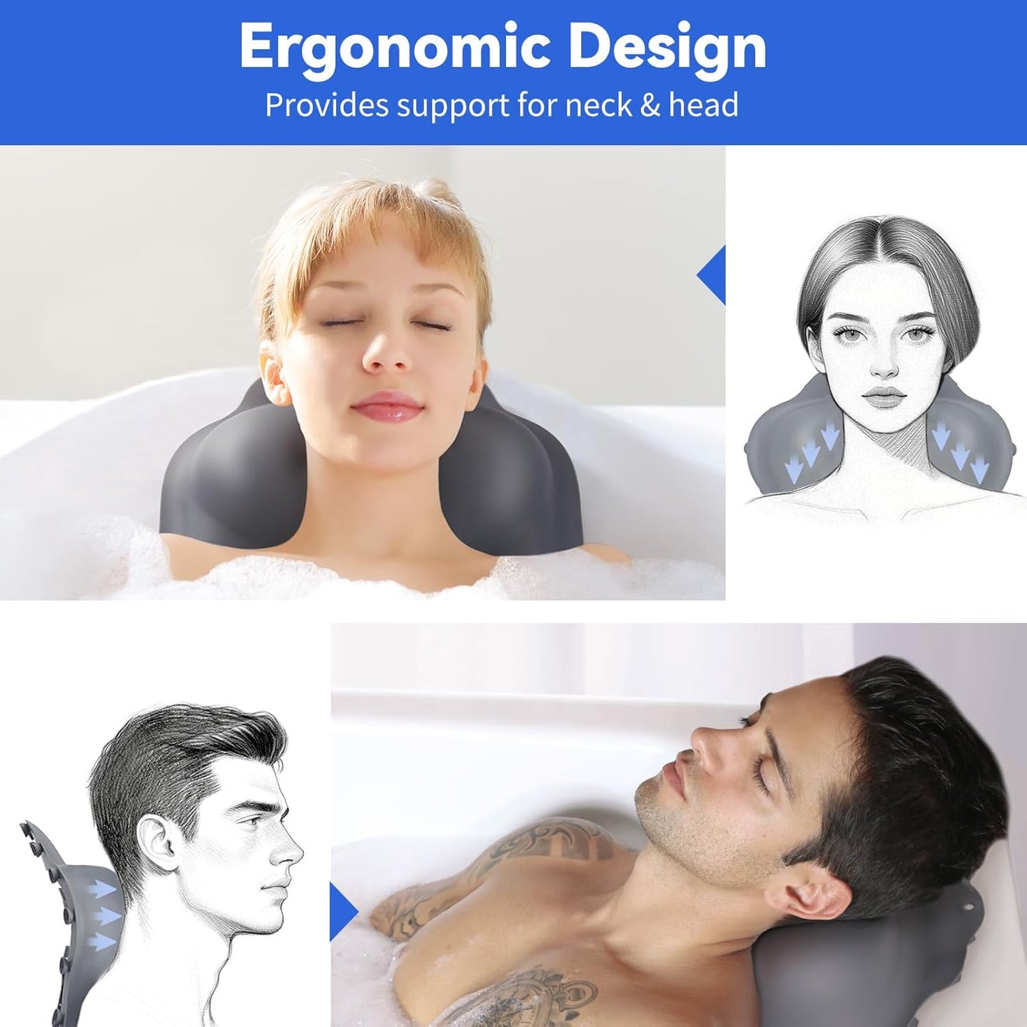 Goowin Bath Pillows for Tub, New Generation Skin-Friendly Silicone Bath Pillow, Luxury Bathtub Pillow for Head and Neck, Powerful Suction Tub Pillow for Bathtub with Inflatable Airbag (Grey)