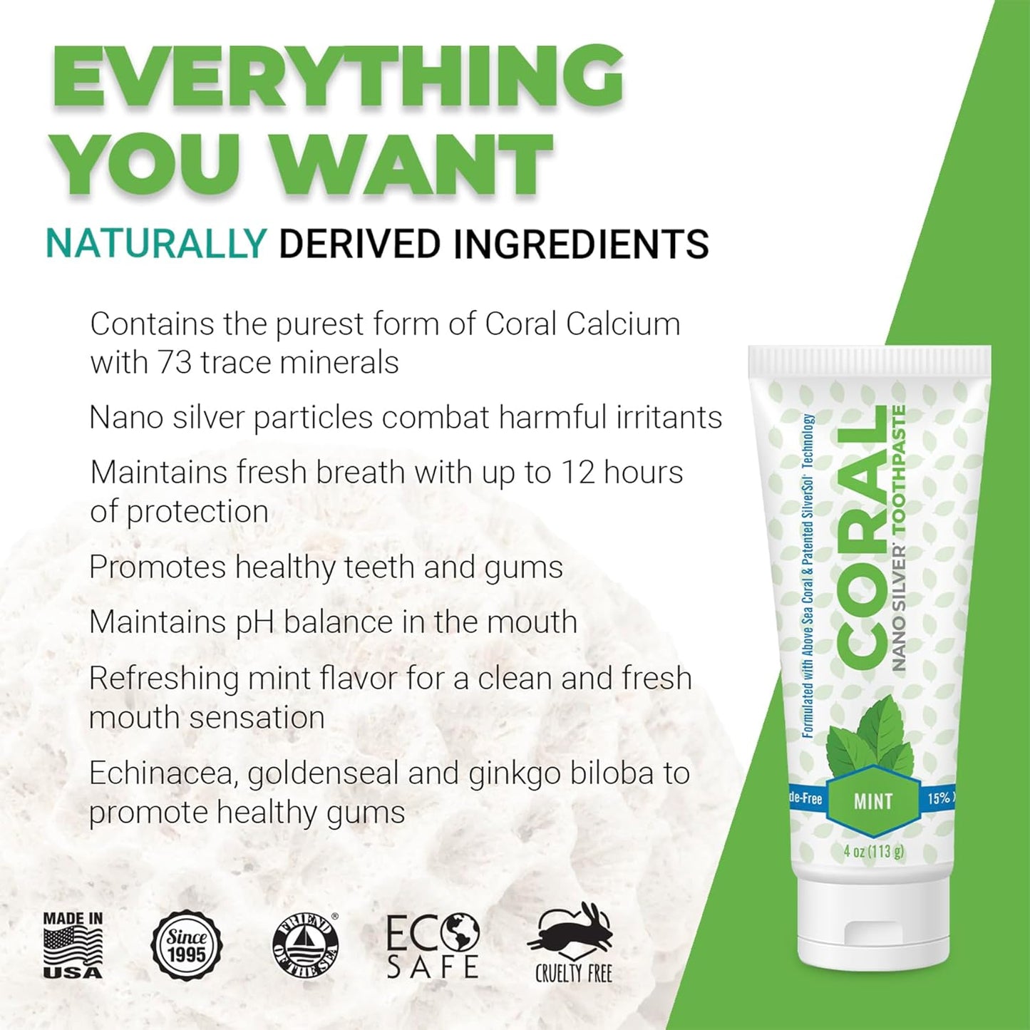 Coral Nano Silver Mint Toothpaste, Natural Fluoride Free Teeth Whitening Toothpaste, Coral Calcium Nano Silver Infused SLS Free - 4 Ounces