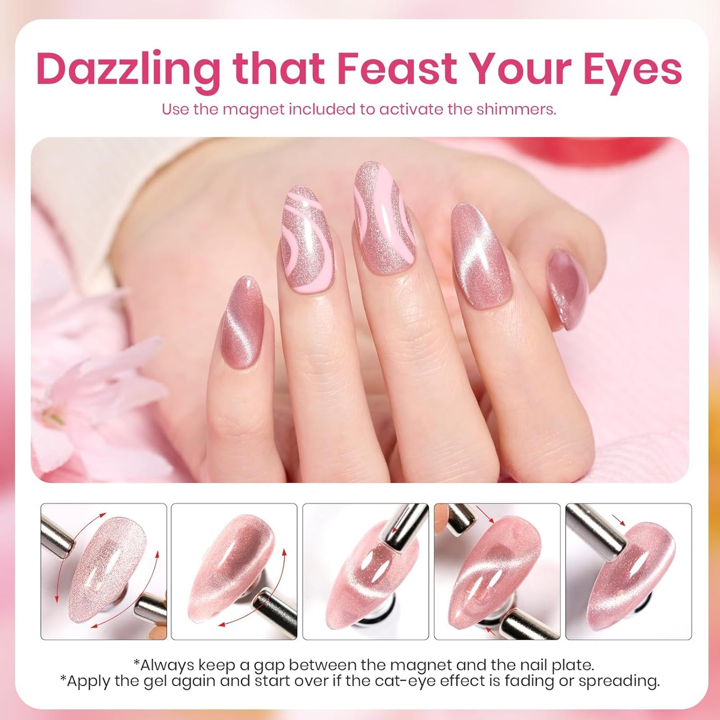 Beetles Pink Cat Eye Gel Nail Polish - 15ML Summer Light Pink Cat Eye Glitter Shimmer Gel Polish with Magnet Soak Off UV Soft Afternoon Collection Nail Art Design Manicure Gifts for Women