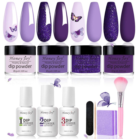 Dip Powder Nail Kit for 4 Colors System Starter Kit Acrylic Dipping System,4 PCS Dipping Powder,4 PCS 10ml Liquid Nail Kit Purple Blue Acrylic Set (Dip-7pcs-3)