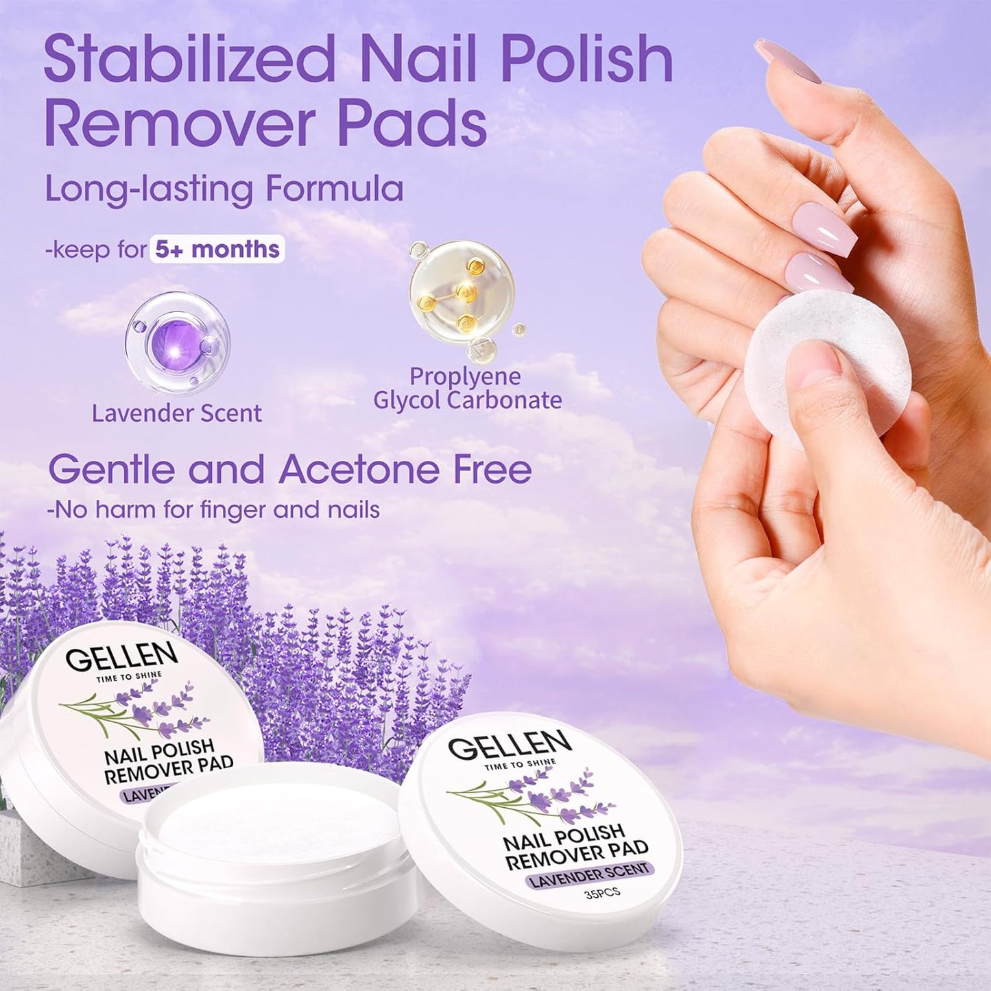 Gellen Nail Polish Remover Pads, Non-Acetone Nail Polish Remover Wipes, 140pcs Travel Size Nails Wets Bulk Set, No Leakage, Long-lasting Stable Formula For 5+ Months, Lavender Sent