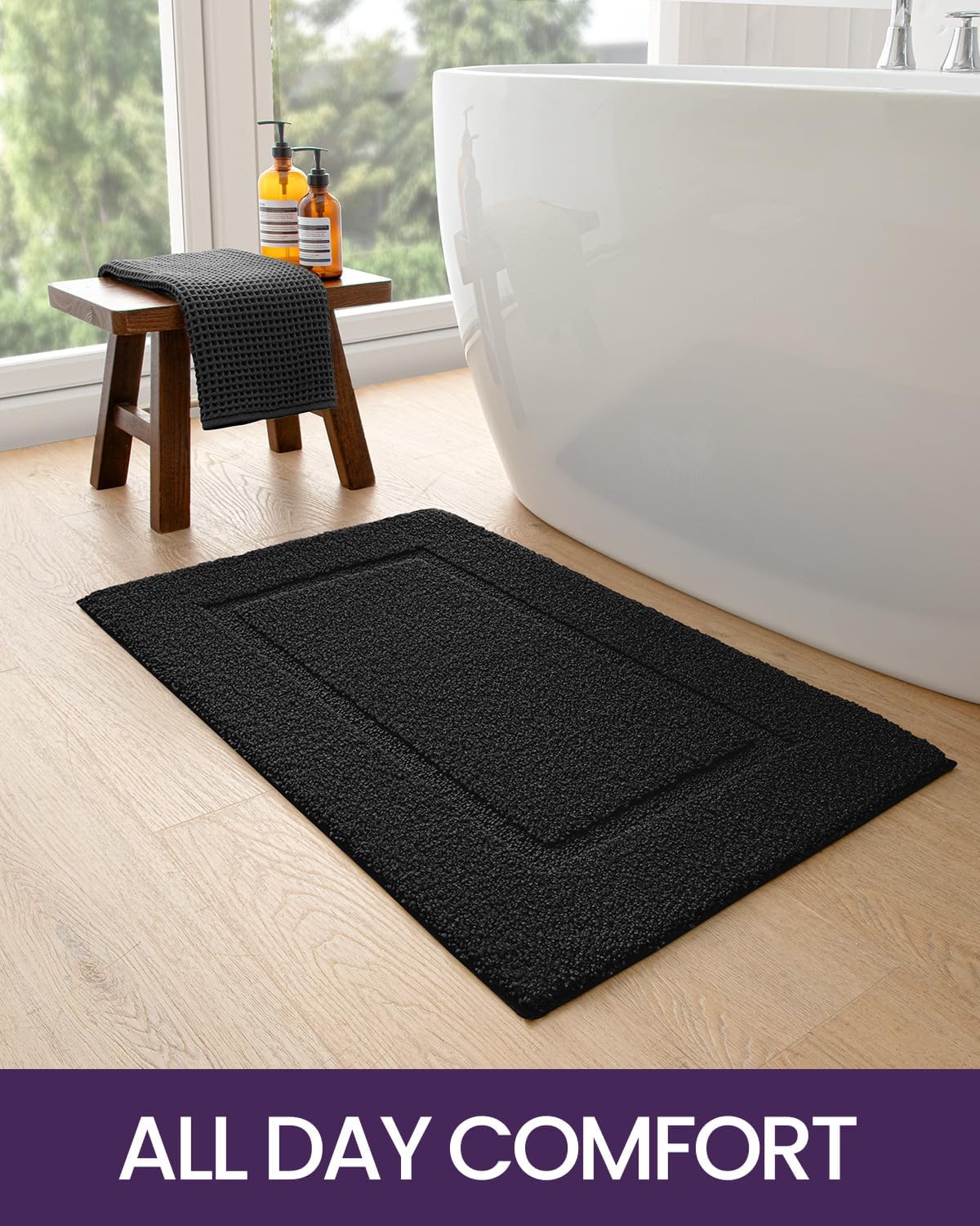 DEXI Bathroom Rugs 24x16, Washable Non Slip Bath Mat for Shower Floor, Absorbent Quick Dry Bathmat with Rubber Backing, Ultra Soft Plush Carpet for Tub, Black