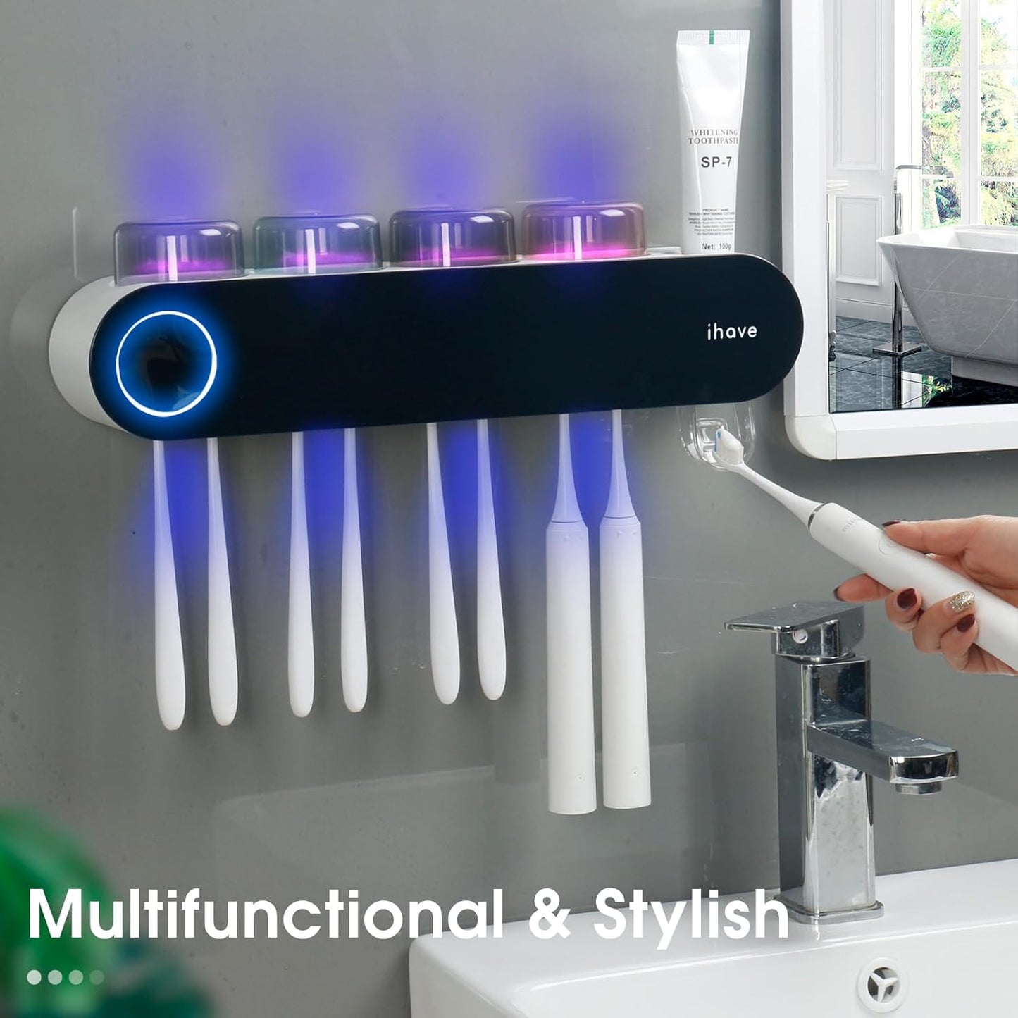 iHave Toothbrush Holders for Bathrooms, UV Toothbrush Sanitizer and Holder Smart Home Bathroom Accessories, 4 Cups Electric Toothbrush Holder Wall Mounted with Toothpaste Dispenser Bathroom Decor