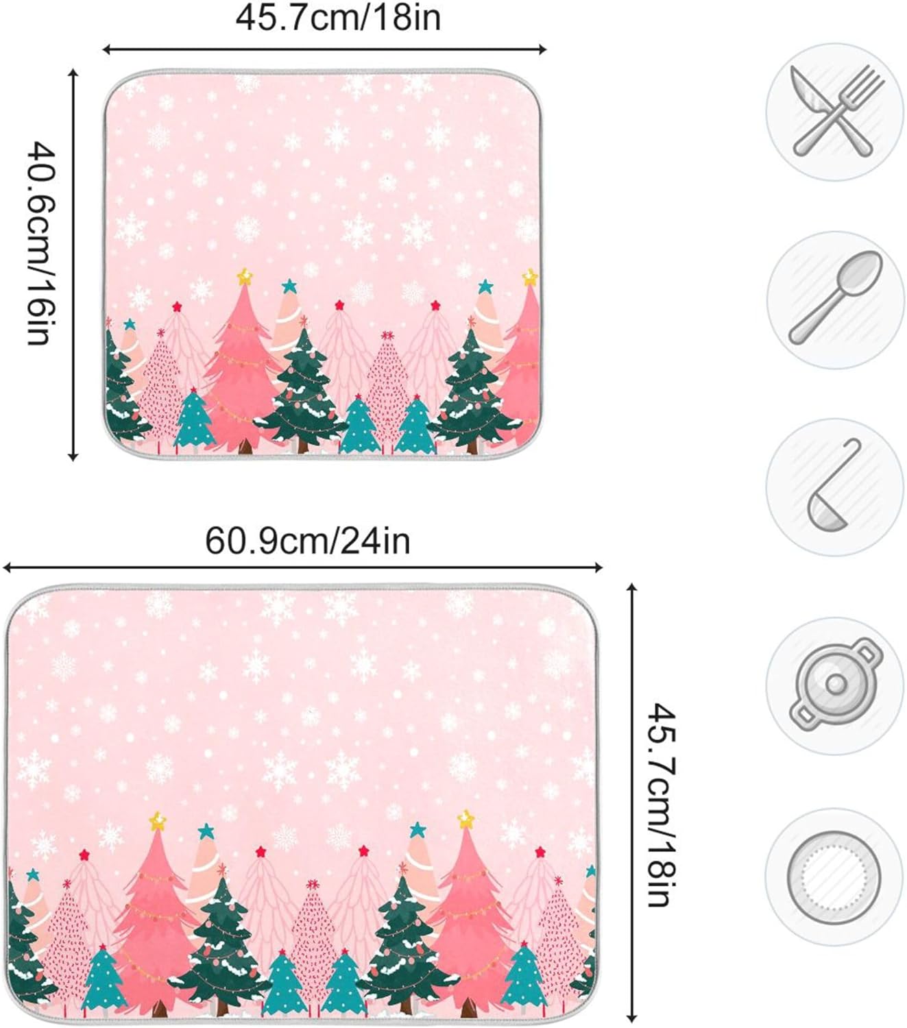 Christmas Tree Pink Dish Drying Mat for Kitchen Countertop 16x18 Winter Snowflake White Xmas Small Drying Mat Reusable Quick Dry Dish Sink Mats Easy Clean Decorative Essentials