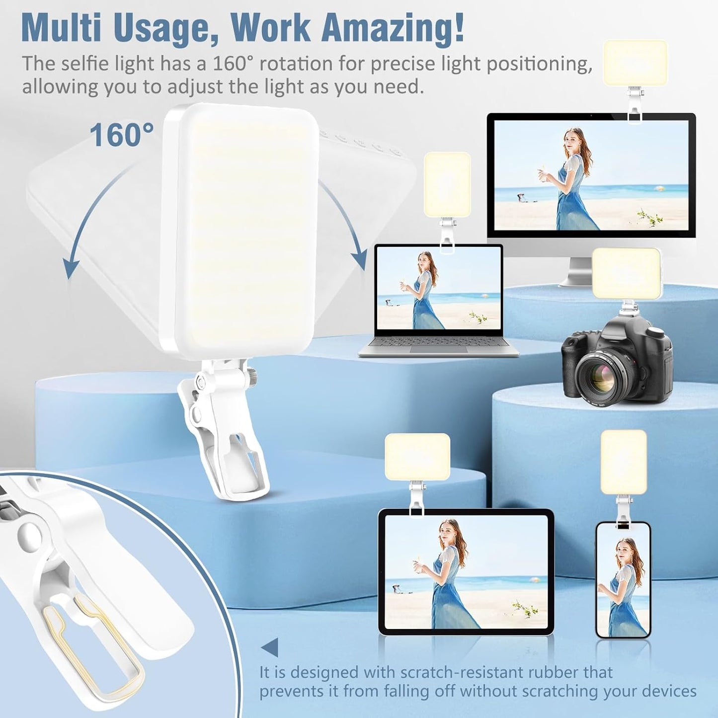 60 LED Portable Selfie Light Video Conference Lighting with Clip & Camera Tripod Adapter Rechargeable 2200mAh CRI 97+, 9 Light Modes for Phone iPhone Webcam Laptop Photo Makeup