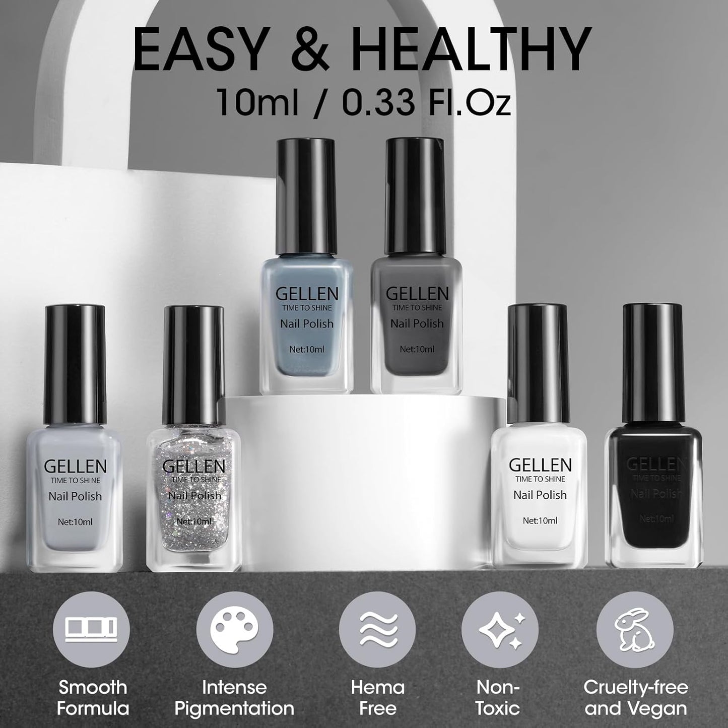 GELLEN Black White Gray Nail Polish Set, Quick Dry Natural Traditional Regular Nail Polish Fall Winter 6 Colors for Fingernails Toe Nails Home Salon, Not UV Gel, Hema Free, Toxin Free