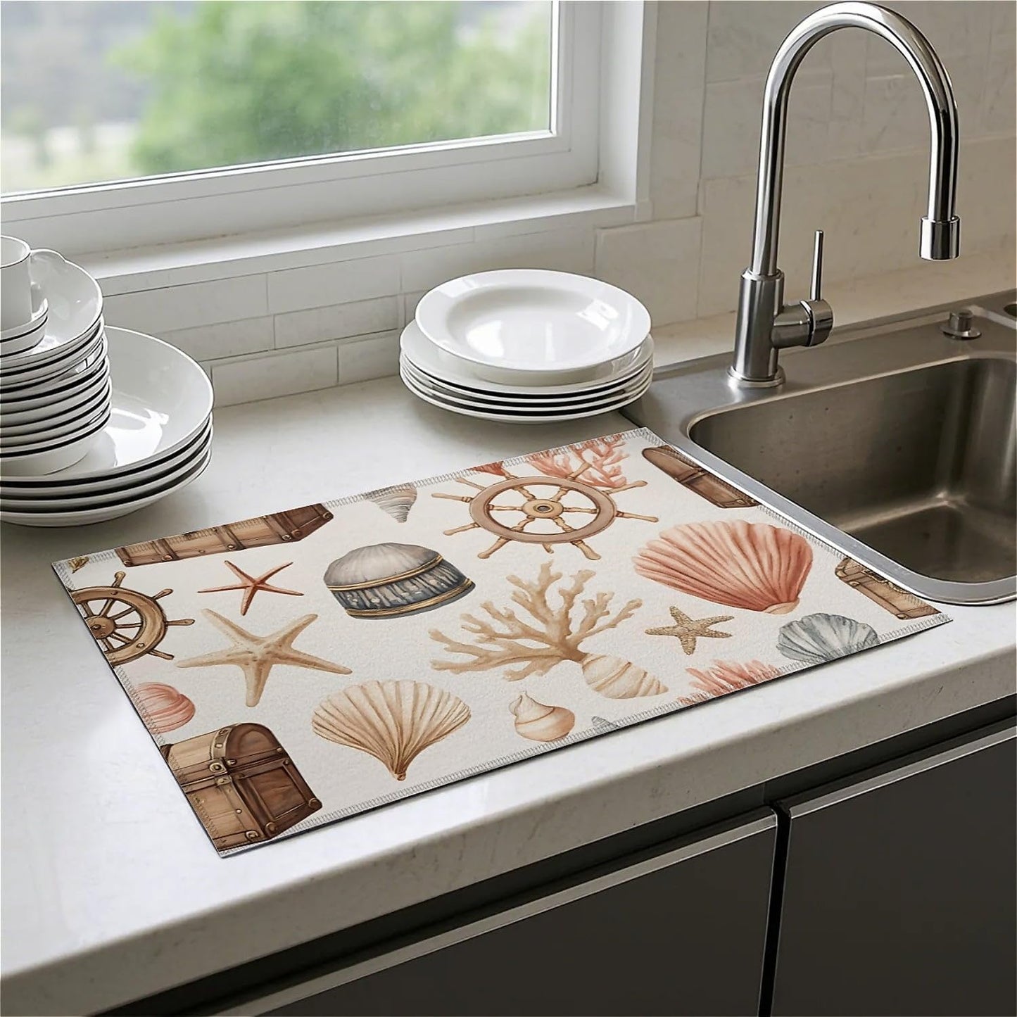 Dish Drying Mat For Kitchen Counter, Seashells Starfish Coastal Microfiber Absorbent Dish Drainer Rack Pad Reusable Large 18x24in Drying Mat
