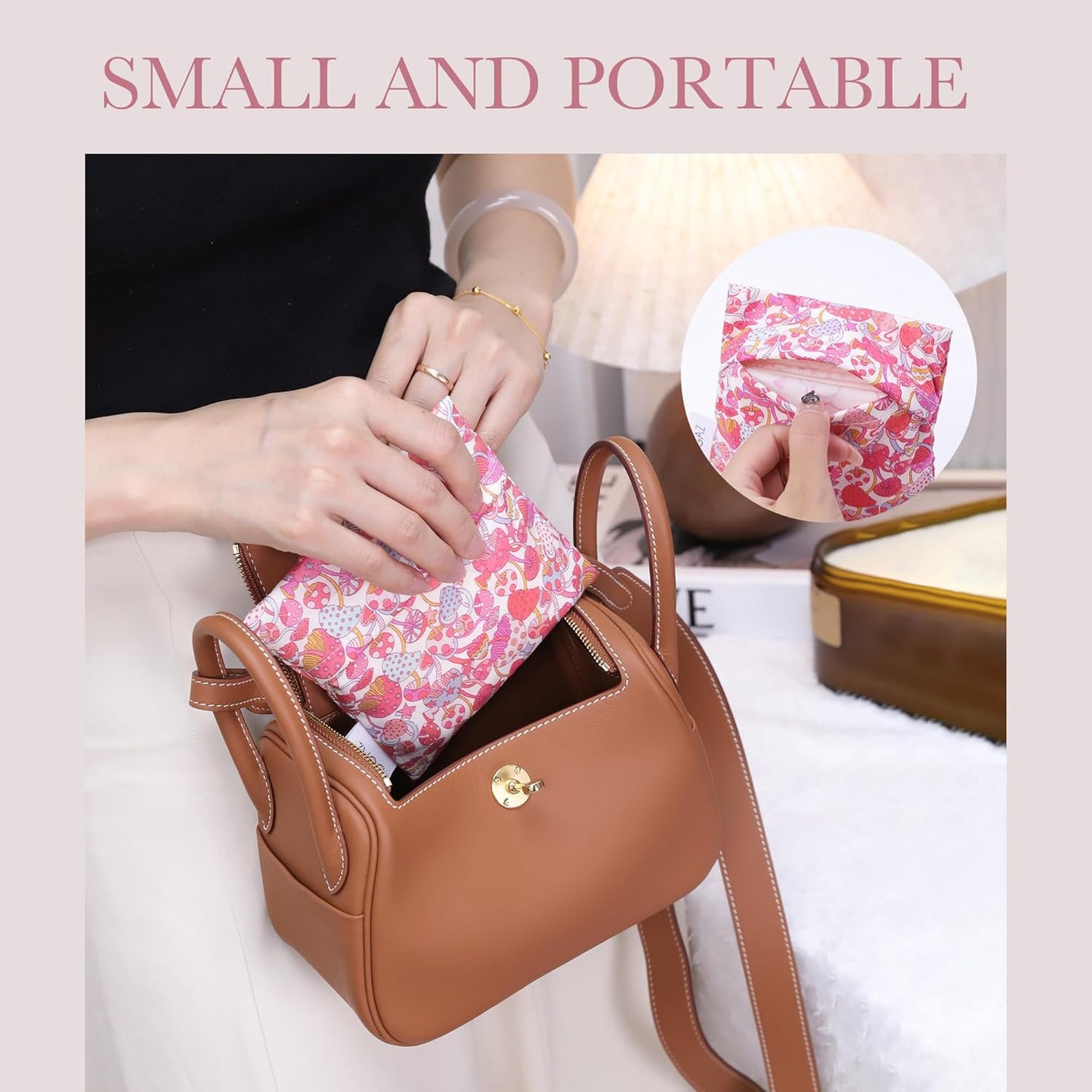 DGAZ Sanitary Napkin Storage Bag, Period Bag for Teen Aged Girls, Portable Period Bag for Panty Liners/Menstrual Cup/Small Tampons，Mini Makeup Bag for Purse(Dream Mushroom)