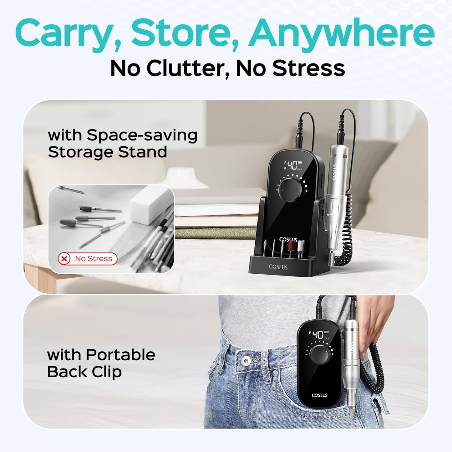 COSLUS Professional Rechargeable Electric Nail Drill 40000 RPM, Portable Nail File with Storage Stand for Acrylic Gel Polishing Removing - Easy to Use for Women, Manicure at Home DIY or Salon, Black