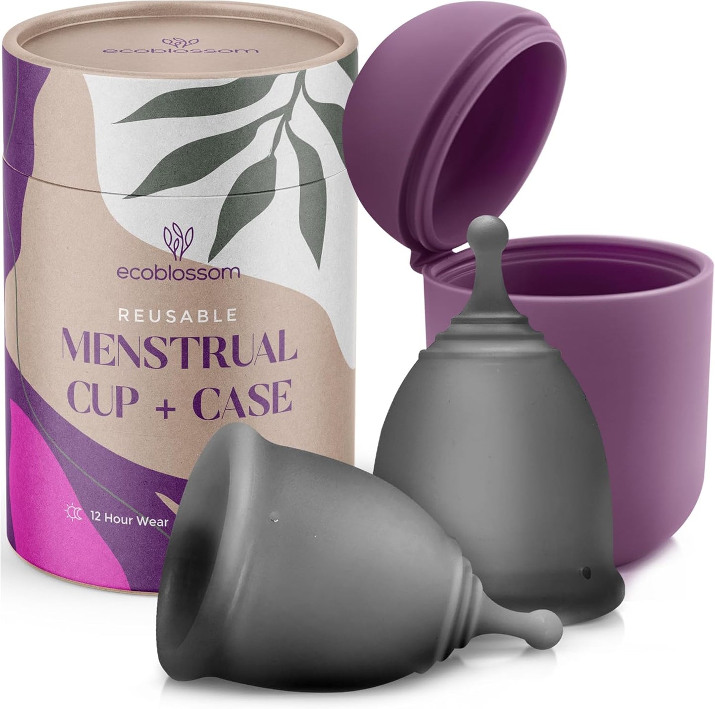 EcoBlossom Reusable Menstrual Cup and Case - The Most Reliable Medical Grade Silicone Period Cups - Comfortably use for 12 Hours (Small (Pack of 2), Gray Cup & Case)