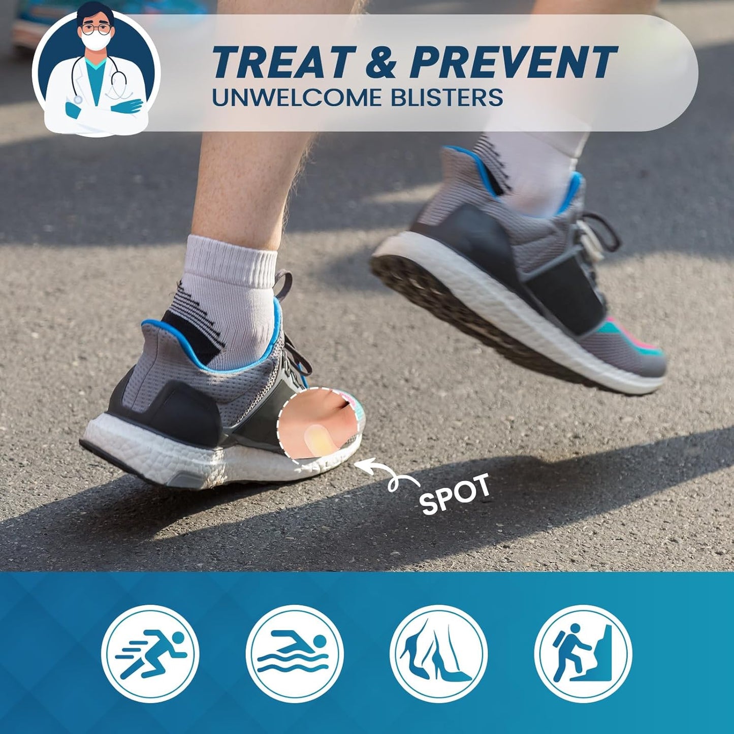 Hydrocolloid Blister Bandages for Feet - 30ct Gel Blister Bandages - Blister Cushions for Heel, Toe - Blister Prevention for Travel - Water Resistant Bandages Pads (Spot Pack)