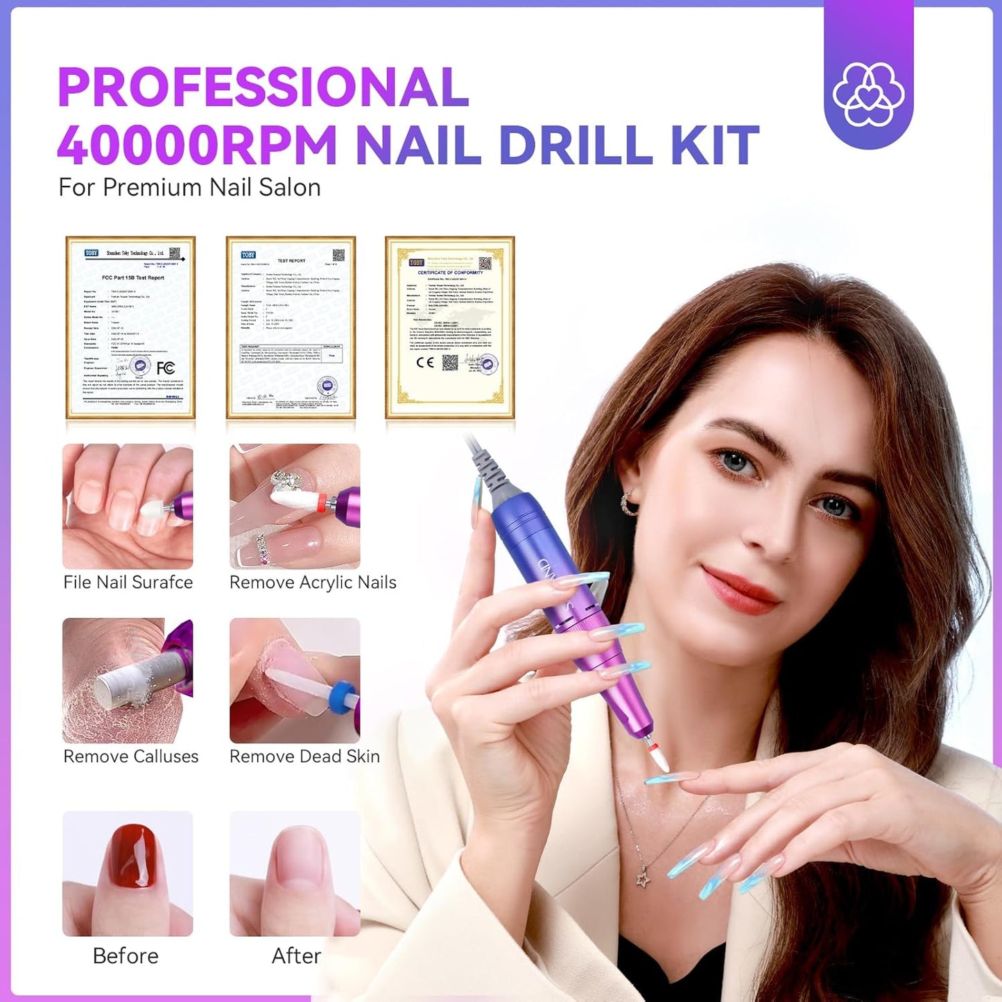 SAVILAND Nail Drill Professional: 40000RPM Nail Drill Machine 2024 Portable Nail File Faster Removal Acrylic Nails & Large Battery Capacity for Nail Art, Pedicure Manicure Home Nail Salon