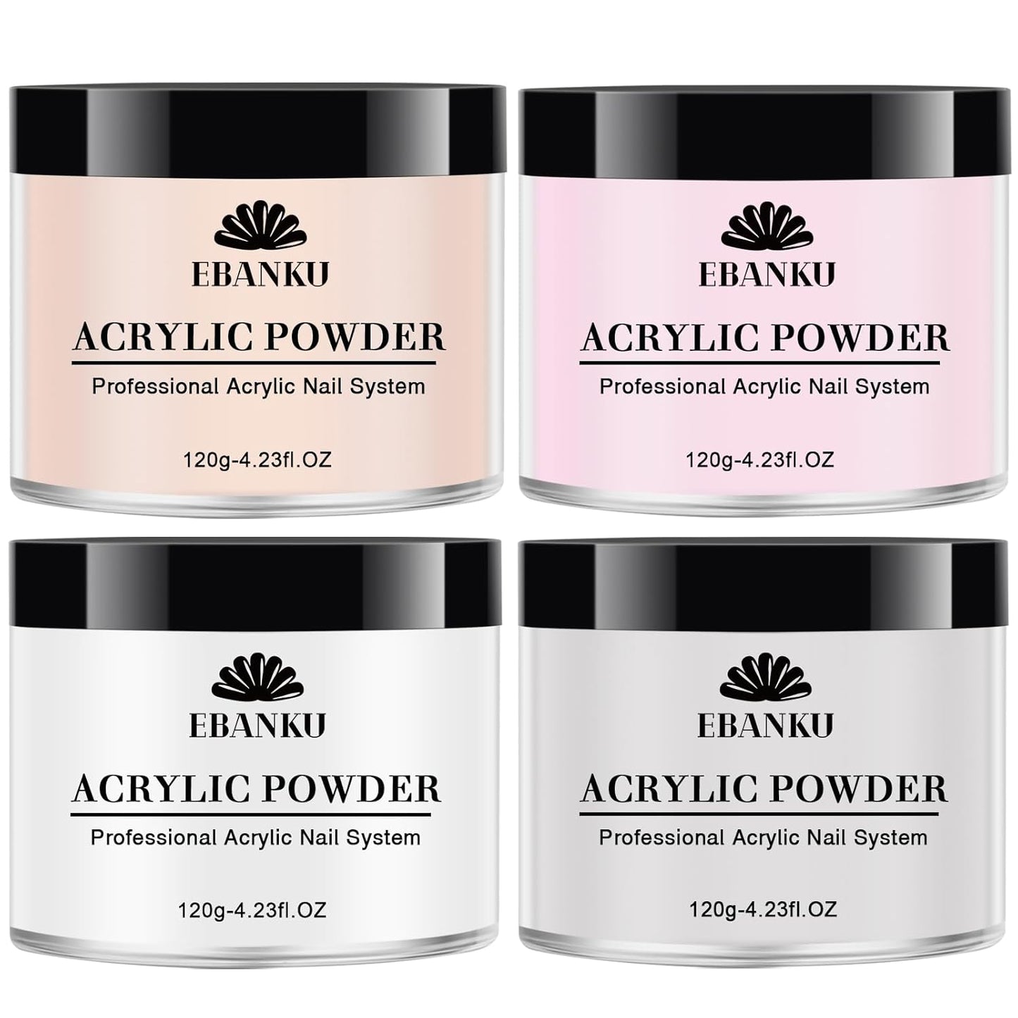 EBANKU 4 Colors Acrylic Powder Set Nude Pink White Clear Acrylic Nail Powder Acrylic Powder for Acrylic Nail Extension Nail Carving, Long-Lasting, No Nail Lamp Needed, Large Capacity 4.23oz*4