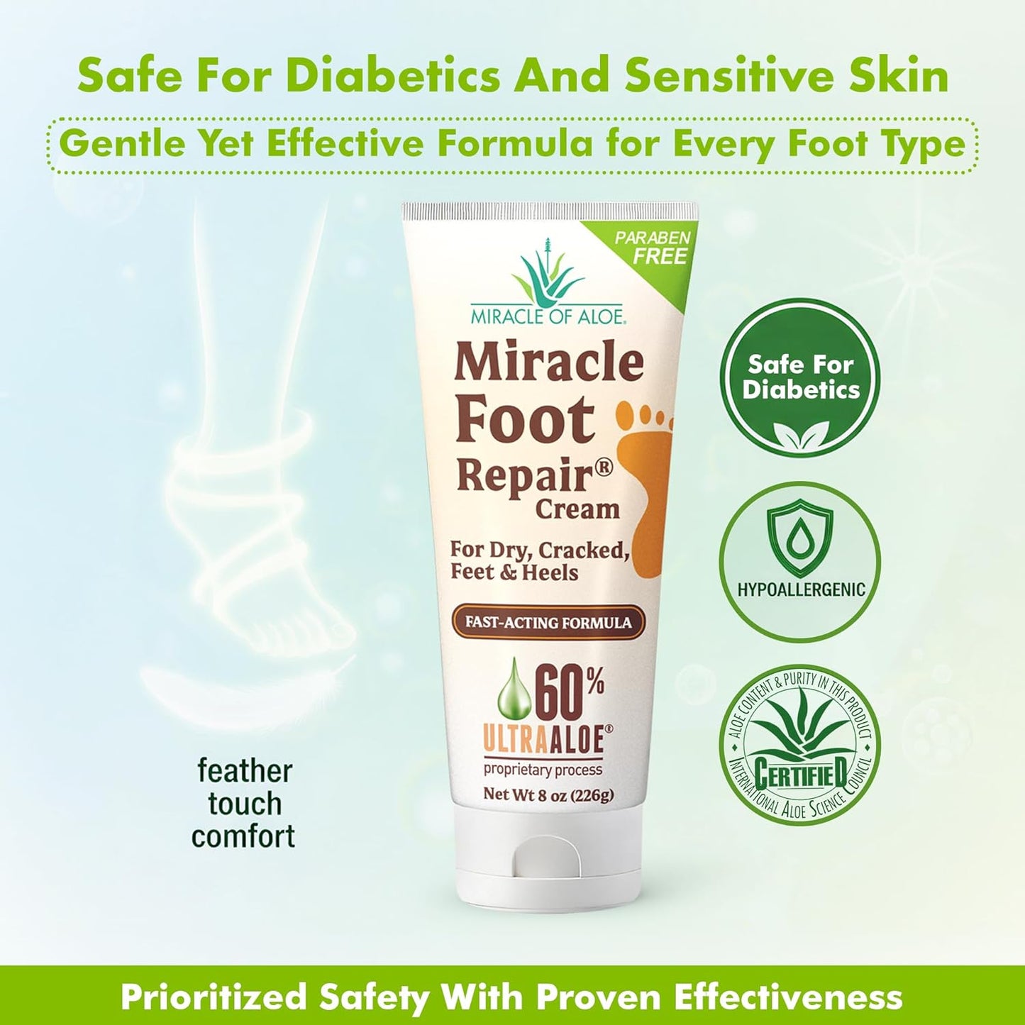 Miracle Foot Repair Cream (8 oz & 1 oz) Repairs Dry Cracked Heels and Feet, 60% Pure UltraAloe Moisturizes, Softens, and Repairs
