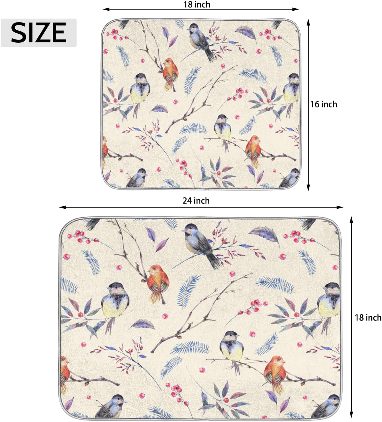 Hexteria Vintage Birds Dish Drying Mat Microfiber Kitchen Drying Mat Dish Drying Mats for Kitchen Counter Absorbent Quick Drying Pad 18x24 Inch