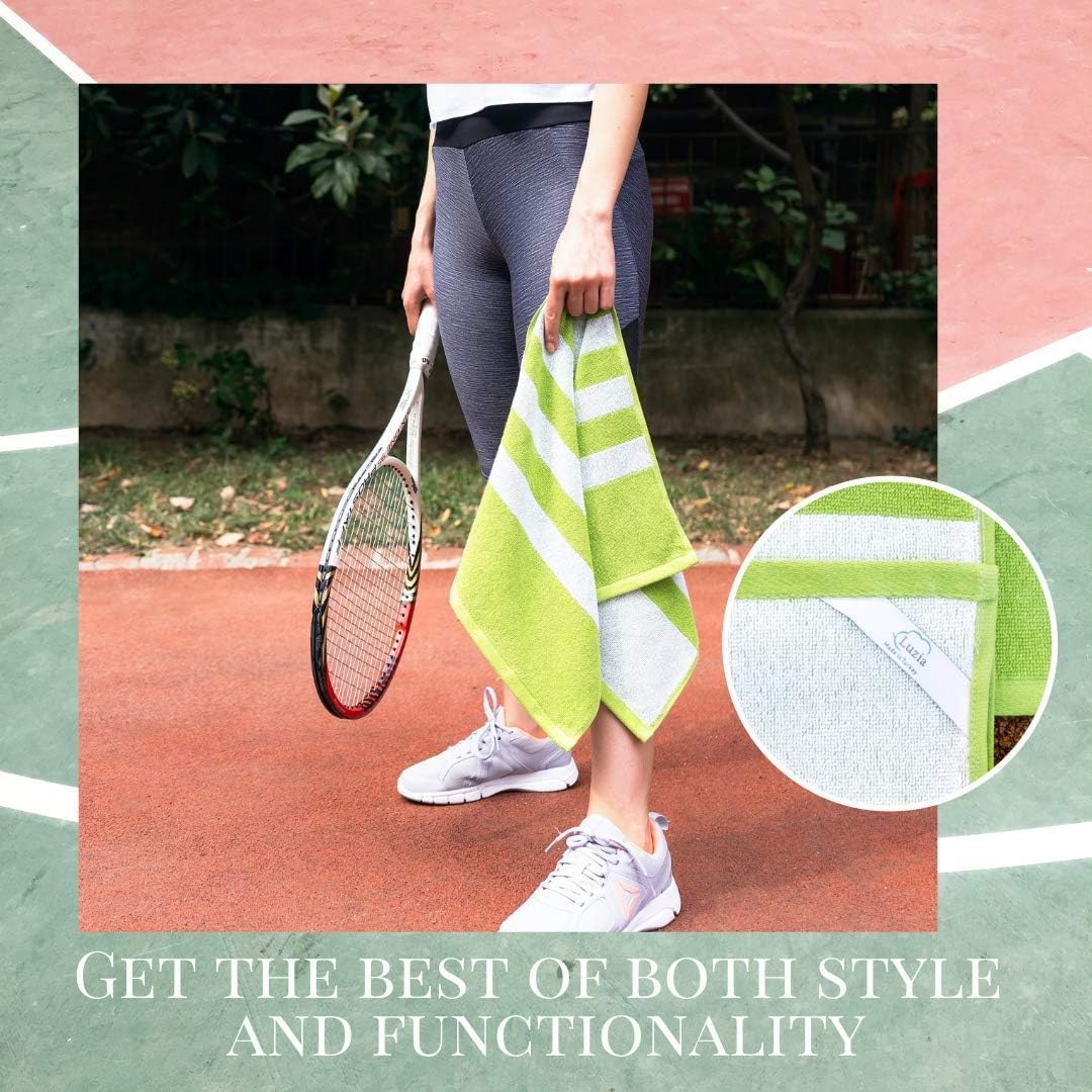 Luzia Striped Workout Towel for Sweat (Pack of 4) - Premium Quality 100% Turkish Cotton - Lightweight and Super Absorbent for Exercise, Sports, Workout, Fitness, Gym, Yoga, Running (Green)