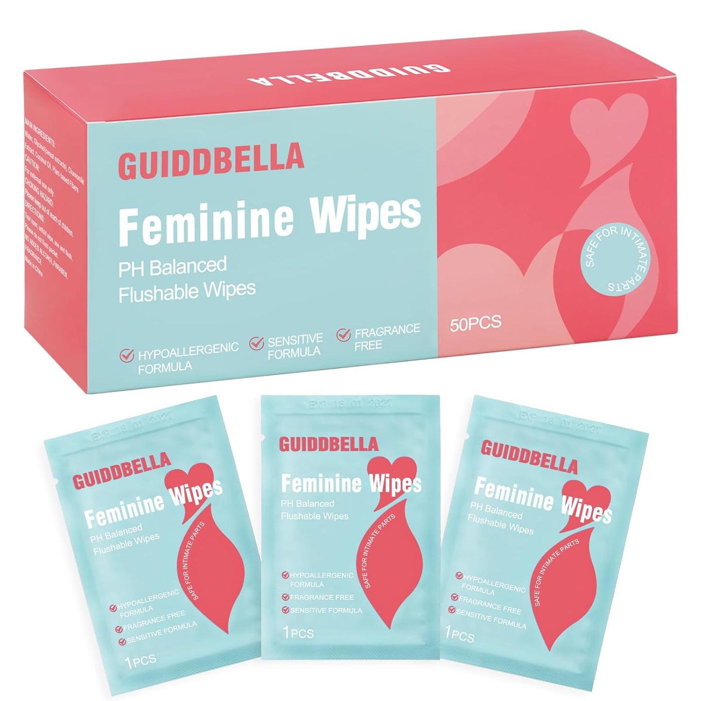 Feminine Wipes for Women - Individually Wrapped Flushable Wipes, PH-Balanced, Alcohol-Free, Unscented, Safe for Sensitive Skin (50 Count)