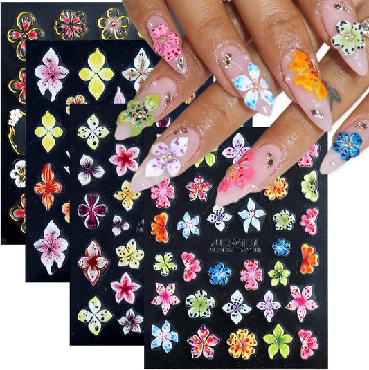 Flower Nail Stickers 5D Embossed Lily Flower Stickers for Nails Hibiscus Self Adhesive Floral Nail Decals Gold Flower Nail Charms Vacation Nail Design Pegatinas para Uñas 4 Sheet