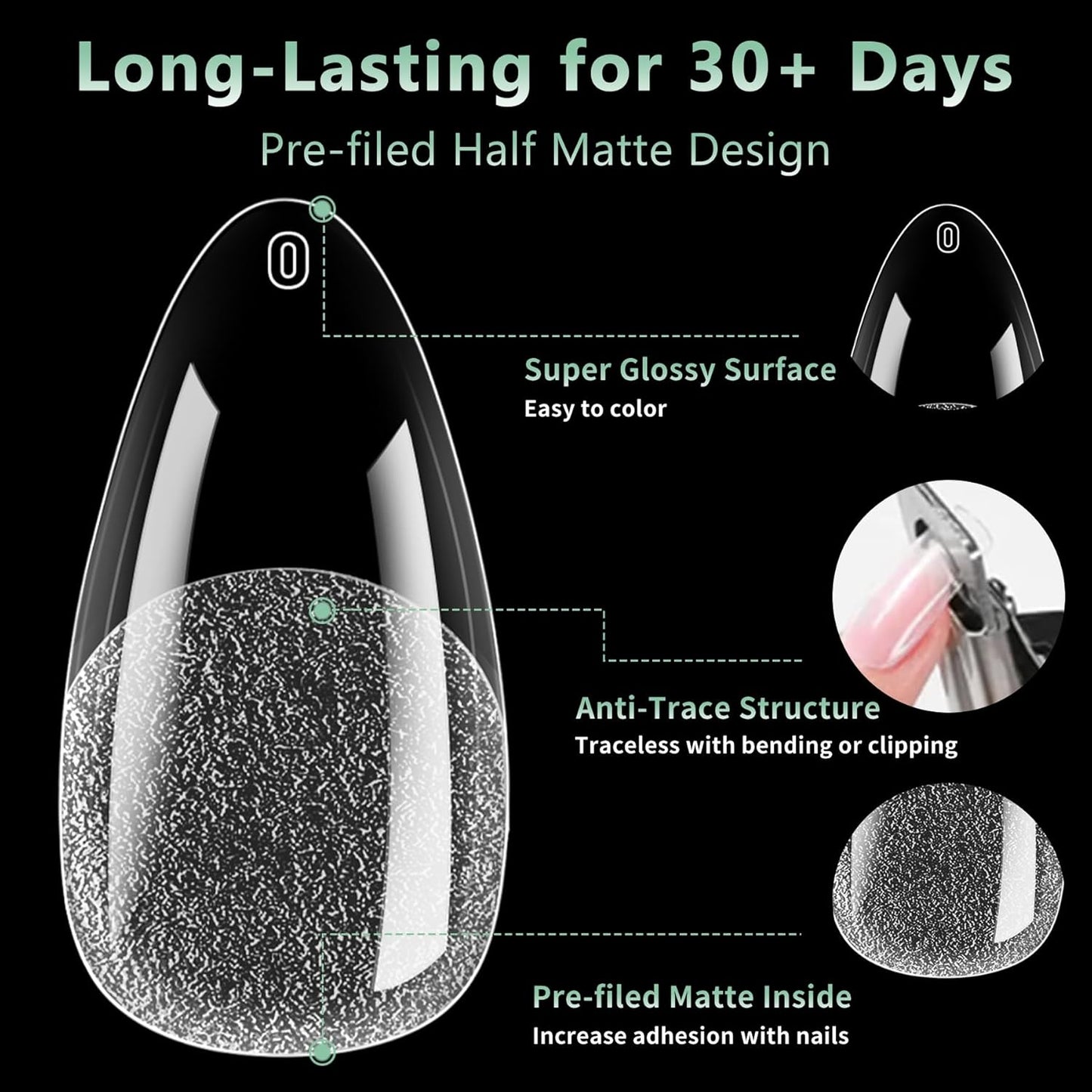 Medium Almond Nail Tips, 216pcs Acrylic Fake Nails Gel Nail Tips Soft, Full Cover Pre-Shaped Matte Clear Press on Nails for Extension, Diy at Home Manicure 12 Sizes