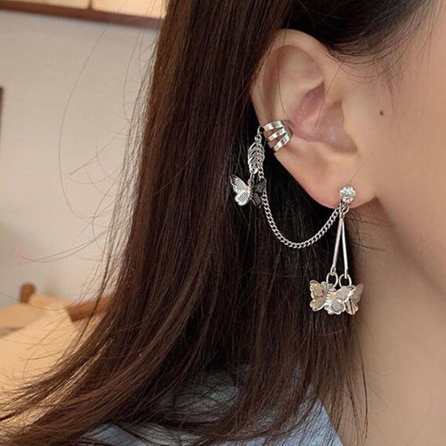 Silver Butterfly Chain Tassel Cuff Earrings Vintage Long Butterfly Hinge Dangle Drop Earrings Single Butterfly Ear Clips Statement Butterfly Crawler Cuff Earrings Jewelry for Women Girls