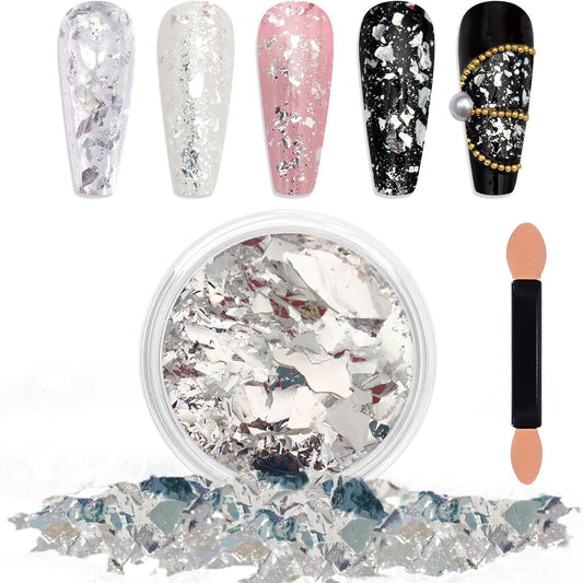 Laza Silver White Pearlescent Nail Flakes Glitter Irregular Opal Nail Foil Flakes Chunky Confetti Moonlight Chrome Sequins Aurora Fairy Dust for Mermaid Nails Design, Nail Decorations for Nail Art