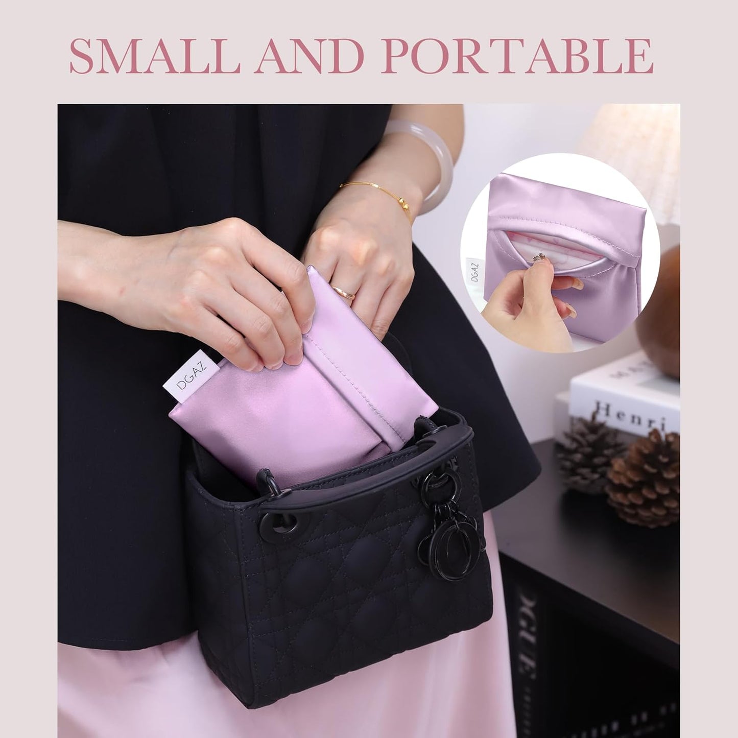 DGAZ Silk Sanitary Napkin Storage Bag, Period Bag for Teen Aged Girls, Portable Period Bag for Panty Liners/Menstrual Cup/Small Tampons，Mini Makeup Bag for Purse(Lavender)