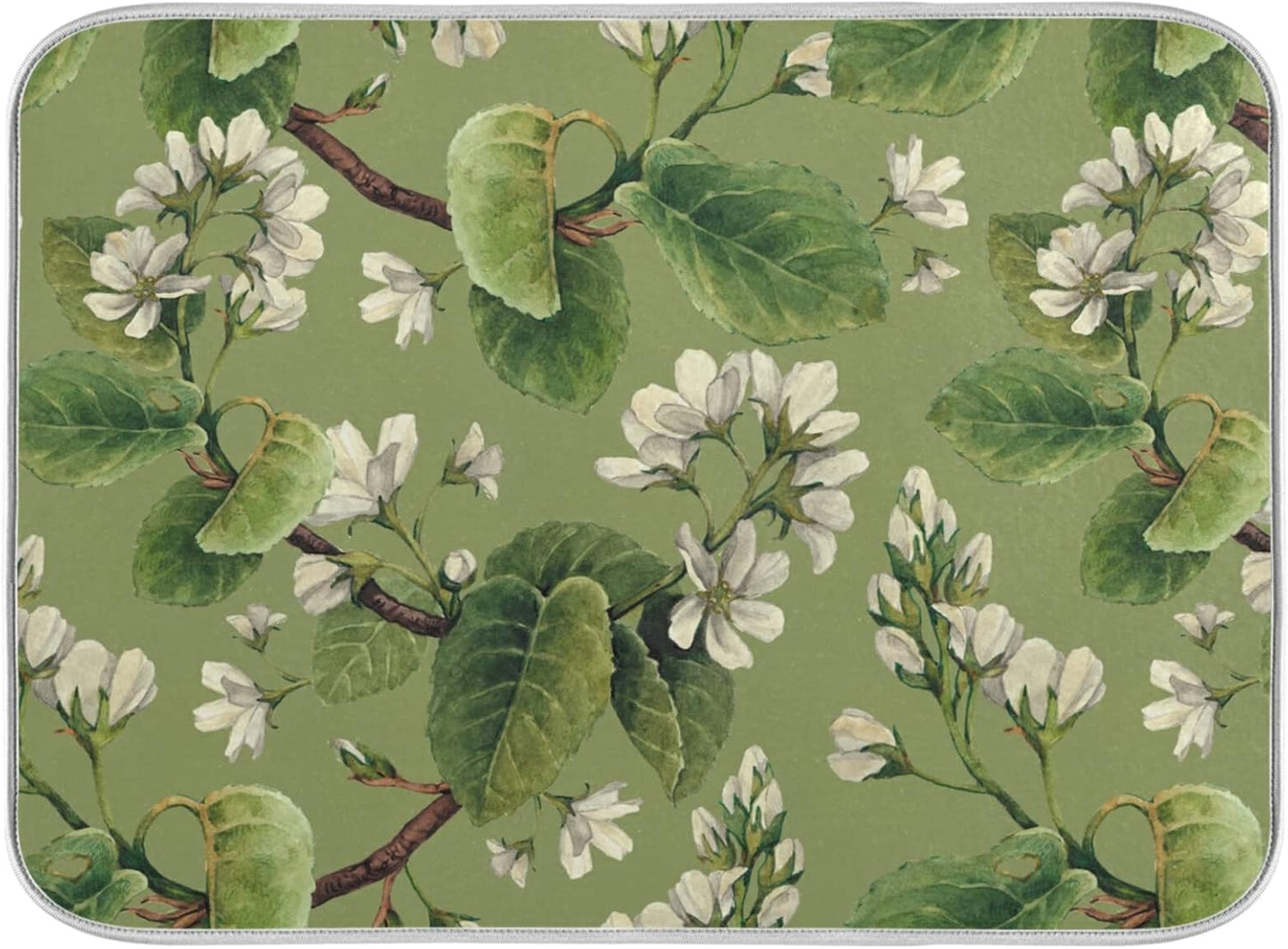 Dish Drying Mat for Kitchen Counter 18 x 16 Inch Vintage White Floral Green Leaves Microfiber Dish Mat Drying Pad Absorbent Dishes Pad Dish Drainer Rack Mats