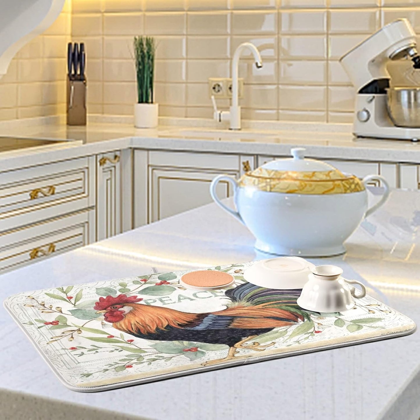 Farmhouse Rooster Farm Dish Drying Mats for Kitchen 18x24 inch Drying Mat Absorbent Microfiber Dish Mat Drainer Rack Mats Fast Dry for Kitchen Counter
