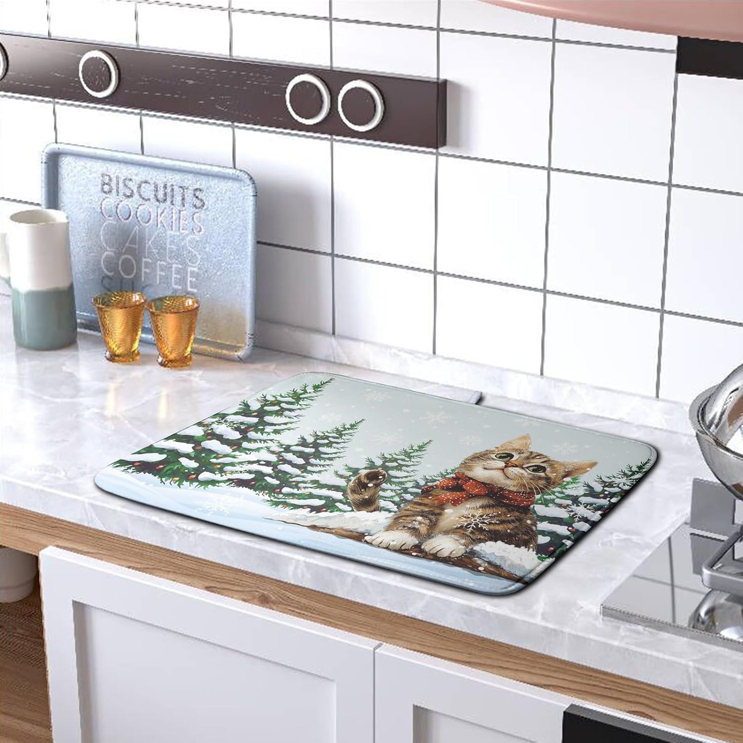 Cat Snow Pine Tree Winter Kitchen Dish Drying Mat 16x18 Inch Cute Kitten Animal Dish Mat Christmas Holiday Super Absorbent Dish Drying Pads Microfiber Dish Drying Mat for Kitchen Counter Sink