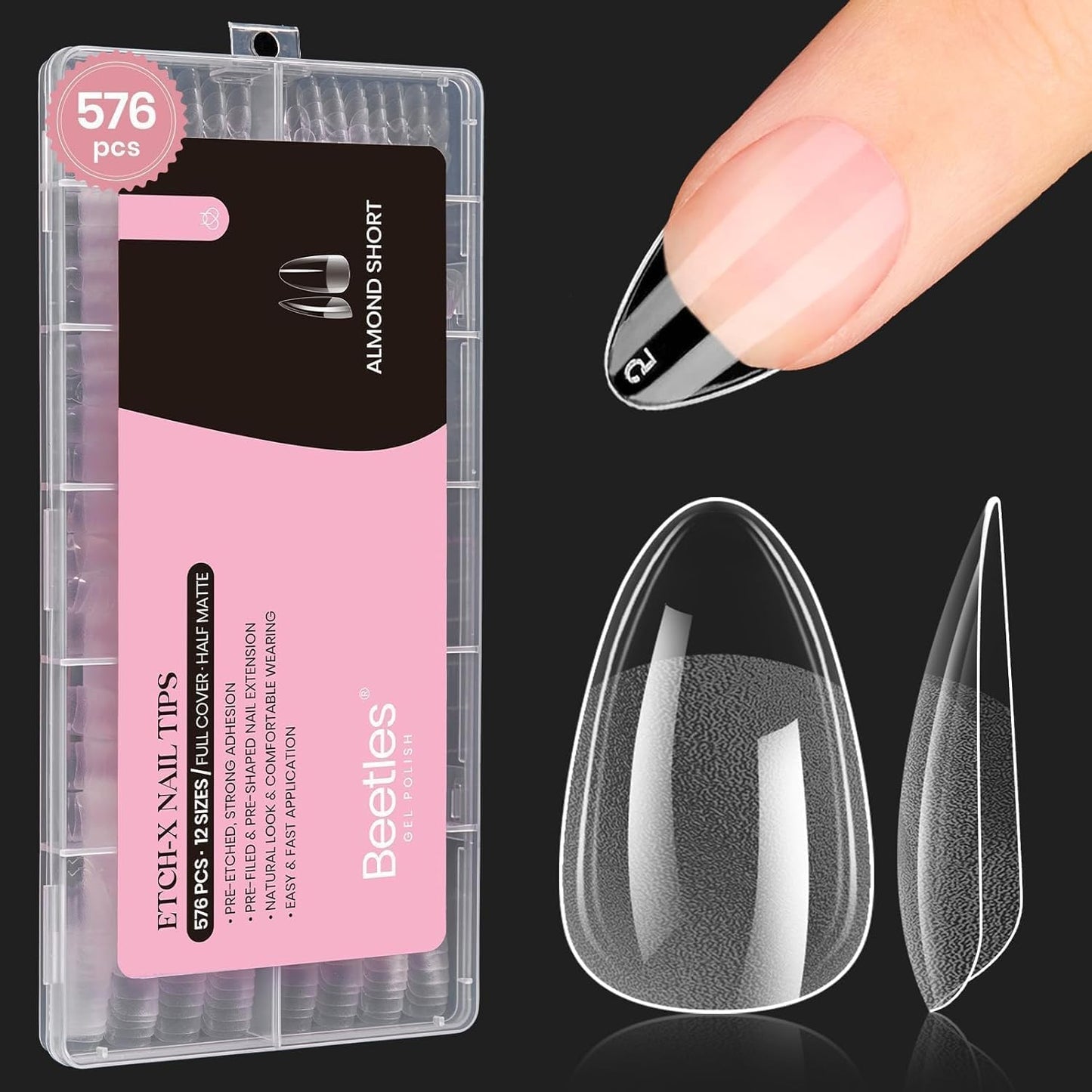 Beetles Gel Nail Tips 576Pcs Pre-shape Short Almond Etch-X Nail Tips,12 Sizes Soft Nail Tips Half Matte False Nails for Fall Nails Full Cover Press On Nail Nail Extensions Set for Women