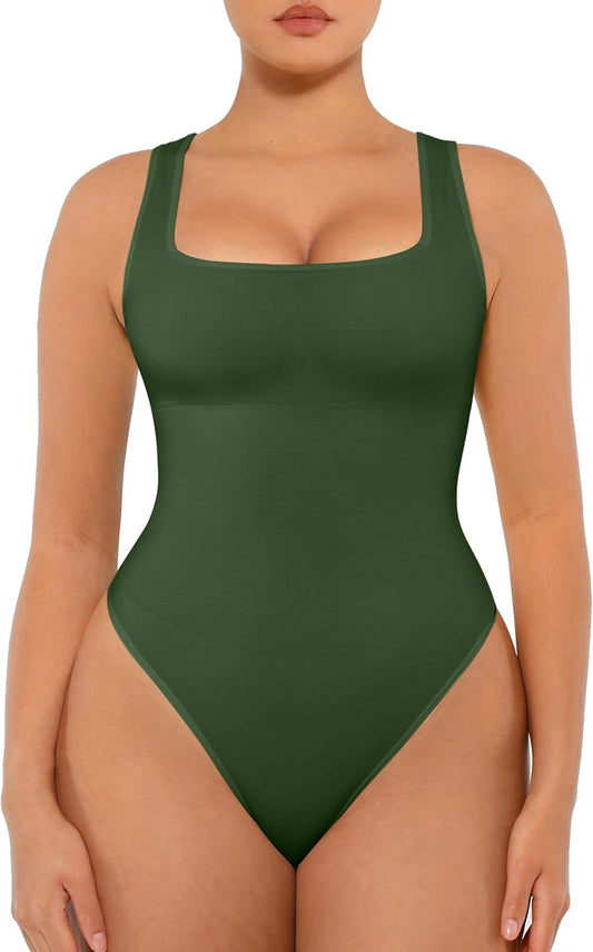 FeelinGirl Bodysuits for Women Seamless Square Neck Tummy Control Compression Thong Shapewear Bodysuit Tank Tops Bodysuit