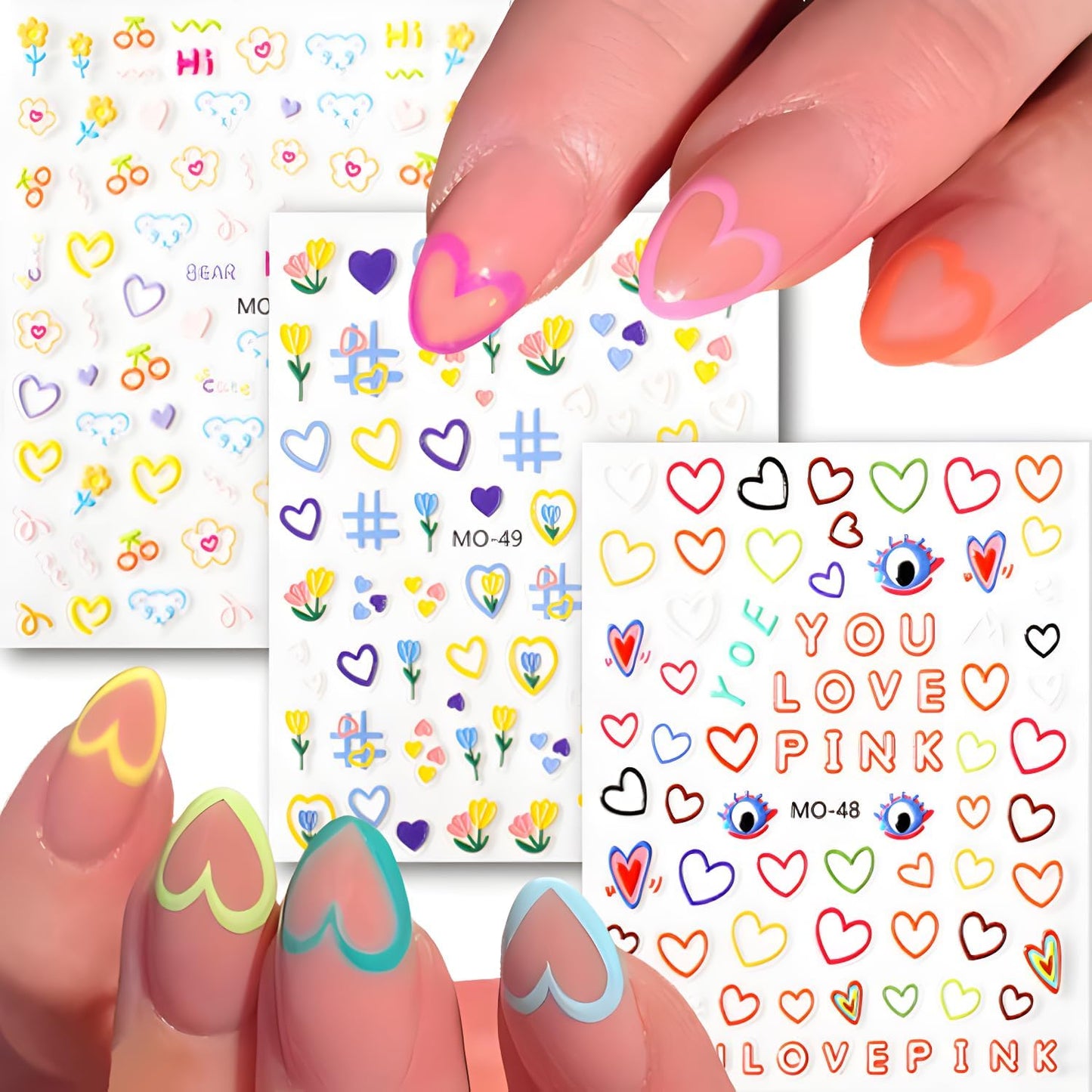 3 Sheets Valentine's Nail Stickers - 5D Embossed Heart Nail Decals for Valentine's Day - Cute Colorful Heart Design for Women & Girls