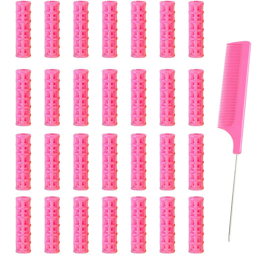 28PCS Self Grip Small Hair Rollers Set, 0.6in Plastic No Heat Roller Hair Curlers with Comb Heatless Clips for Short Fine Thin Hair(Pink)